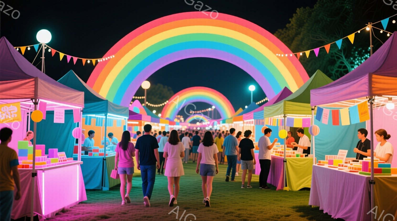 夜間の屋外イベント会場で、多くの人々が賑やかに歩き回っている様子が描かれています。カラフルな屋台が並び、背景には虹色のアーチが輝き、幻想的な雰囲気を醸し出しています。人々はカジュアルな服装で、楽しそうに買い物や散策を楽しんでいるように見えます。