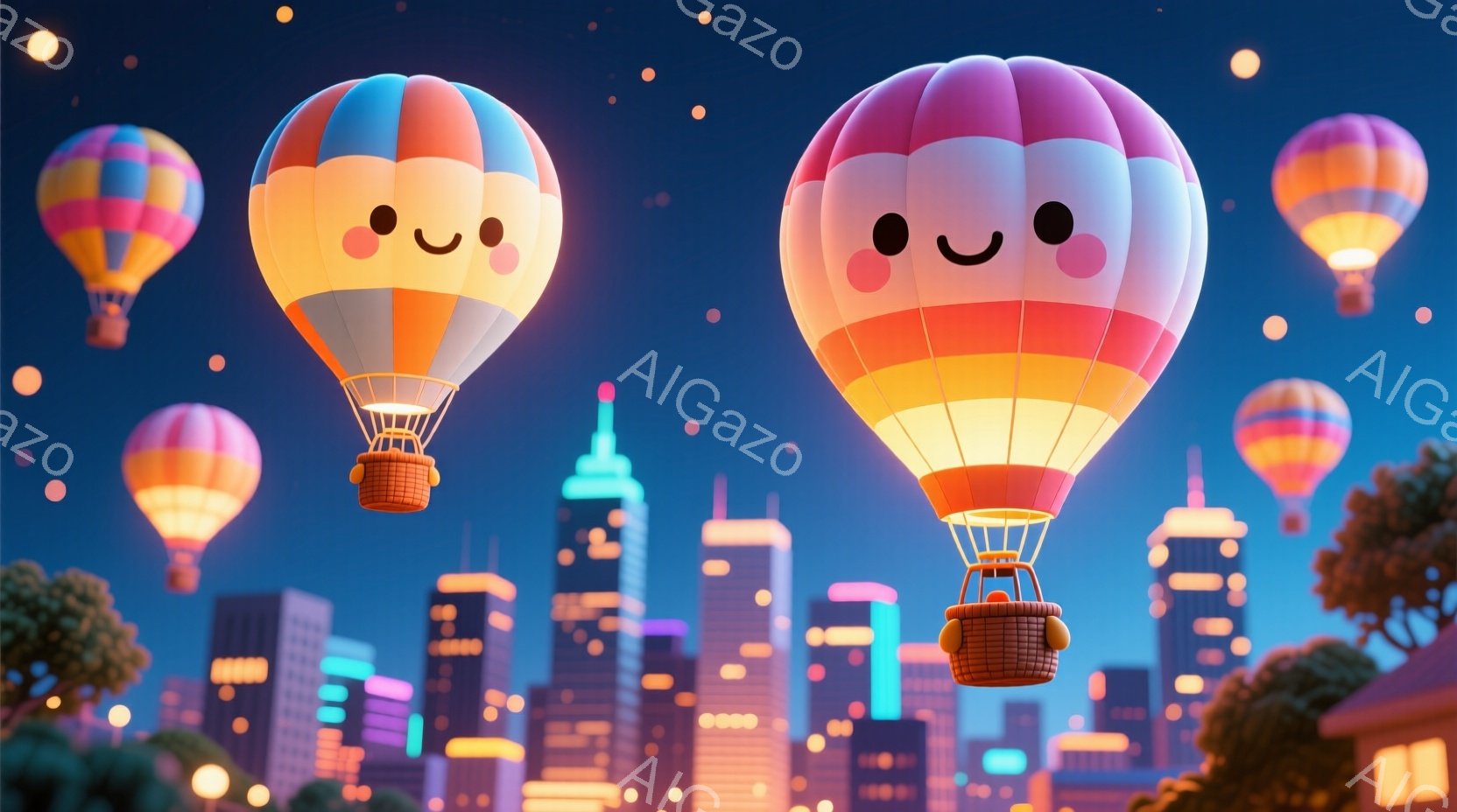 空には、カラフルで愛らしい表情をした熱気球が複数浮かんでおり、それぞれが独特の色合いとデザインを持っています。下には、夜景の美しい都市が広がっており、建物は明るい光で照らされ、暖かく幻想的な雰囲気を醸 - AI生成フリー素材