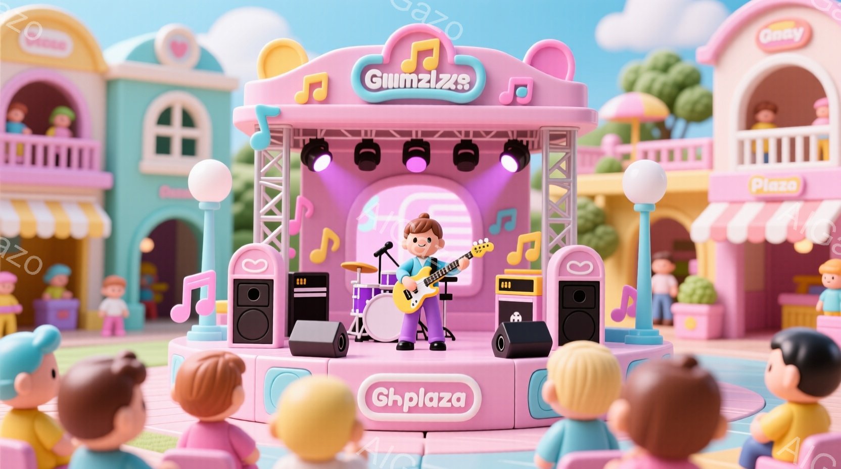 明るいピンク色を基調とした遊園地のような背景で、ギターを弾く女性のフィギュアが描かれています。彼女は茶色の髪をポニーテールにし、シンプルな白いTシャツとジーンズ姿で、真剣な表情でギターを演奏しています - AI生成フリー素材