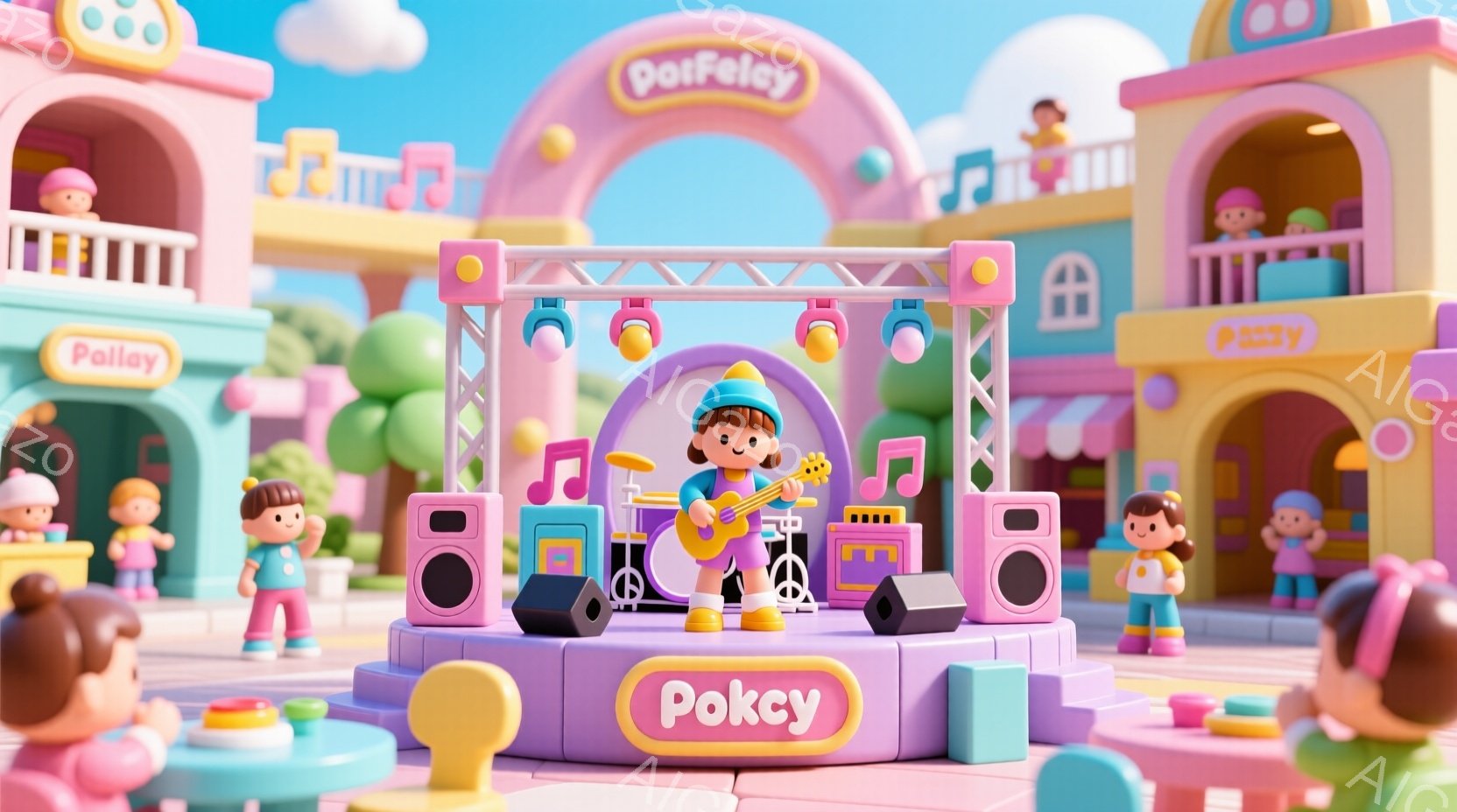 ポッキーをテーマにした可愛らしいイラストで、中央にギターを演奏するキャラクターが描かれています。キャラクターは短い茶色の髪型で、赤いシャツとジーンズを着ており、楽しそうに演奏しています。背景には、ポッ - AI生成フリー素材