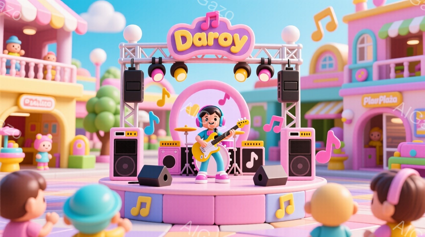 明るいピンク色のステージで、少年がギターを演奏しています。少年は黒いTシャツ、赤いズボン、そしてキャップをかぶり、集中した表情で演奏に臨んでいます。背景には、カラフルな建物や木々、そして音楽記号が浮かび、お祭りやイベントのような賑やかな雰囲気を醸し出しています。