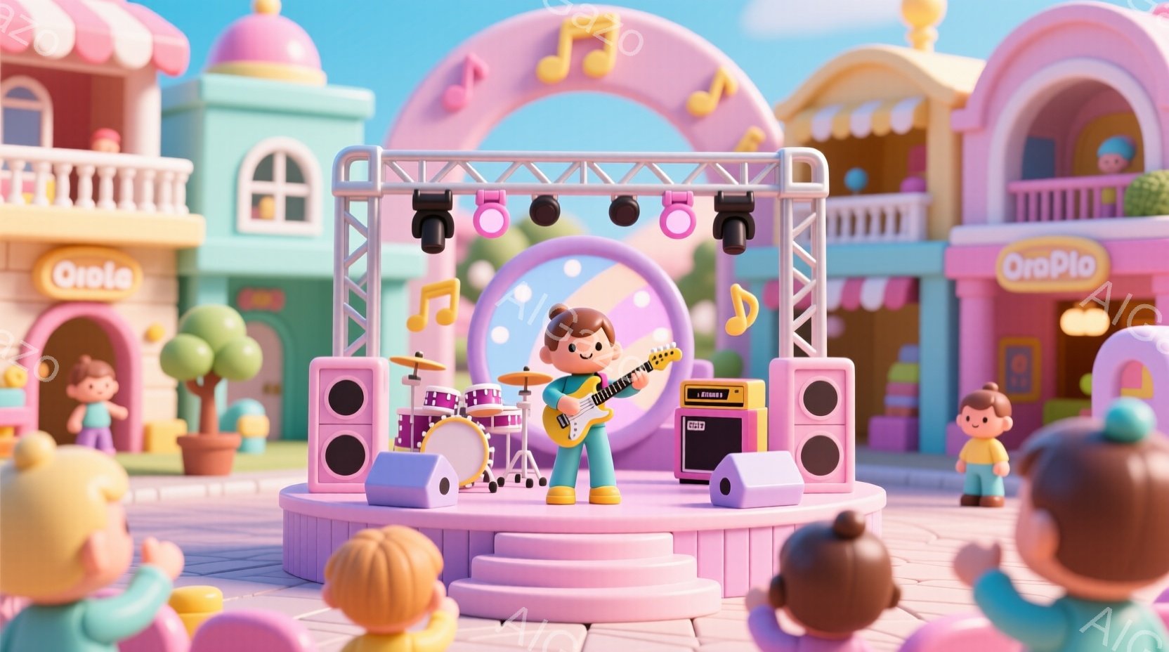 鮮やかなピンクを基調としたステージ上で、ギターを弾く若い女性が描かれています。彼女は短い茶色の髪、ピンク色の服、そして楽しそうな笑顔を見せており、ステージにはドラムセットやスピーカーが配置されています。背景には、カラフルな建物や植物が見られ、全体的に明るくポップで夢のような雰囲気です。