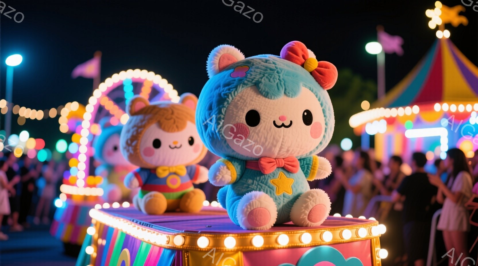 ふわふわしたパステルブルーと茶色のぬいぐるみは、遊園地のカラフルな乗り物の上に乗っています。ぬいぐるみはそれぞれ赤いリボンと星の飾りを身につけ、愛らしい表情をしています。背景には、夜空に輝く様々な光の - AI生成フリー素材