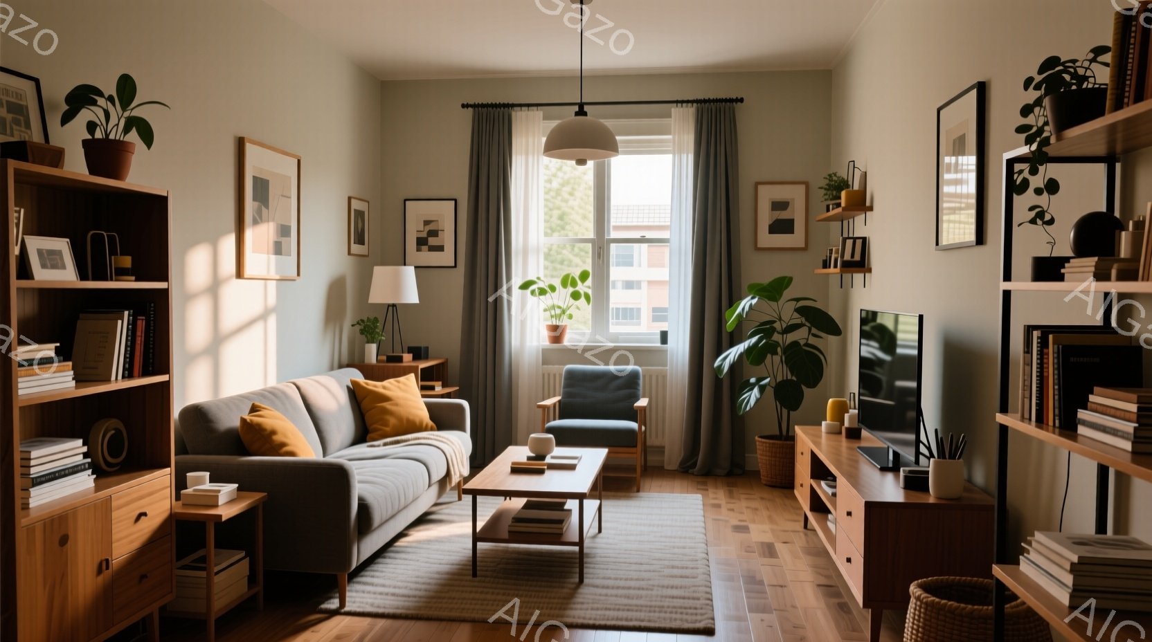 明るいリビングルームで、灰色のソファと木製の家具が配置されています。窓からは自然光が差し込み、観葉植物が部屋全体に温かさと活気を与えています。フローリングの床と柔らかなラグが、くつろぎと快適さを演出し - AI生成フリー素材