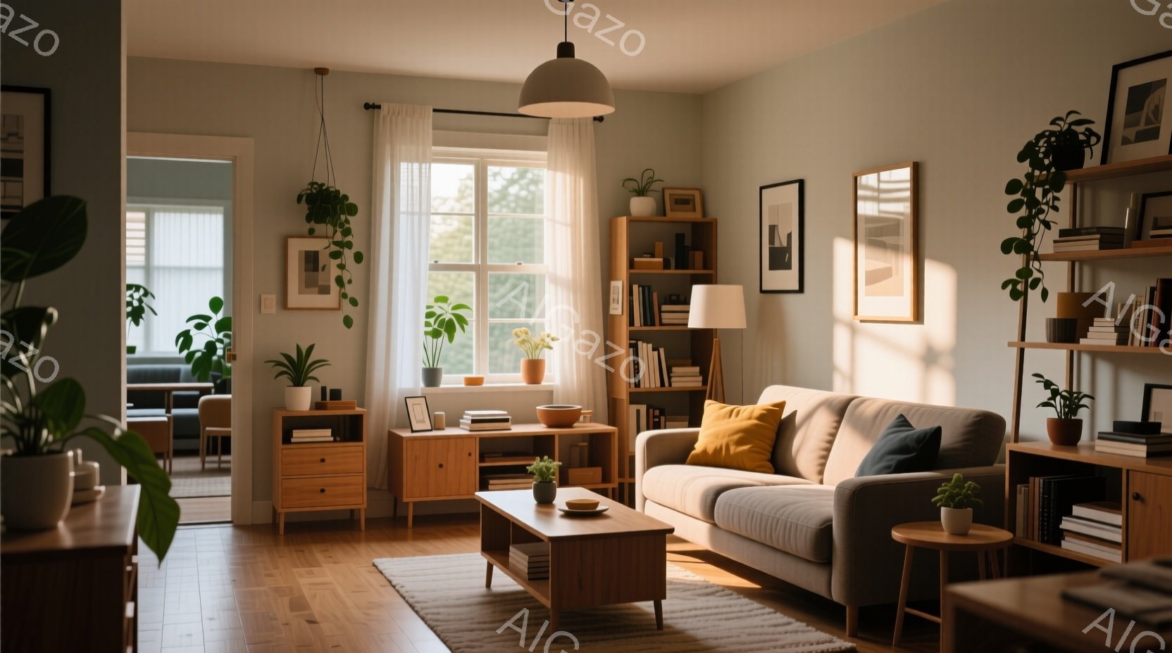 明るいリビングルームで、木製の家具と観葉植物が温かみのある雰囲気を醸し出しています。大きな窓から差し込む光が床の木目や壁の色を照らし、落ち着いた空間を作り出しています。キャビネットや本棚には、飾り物や - AI生成フリー素材
