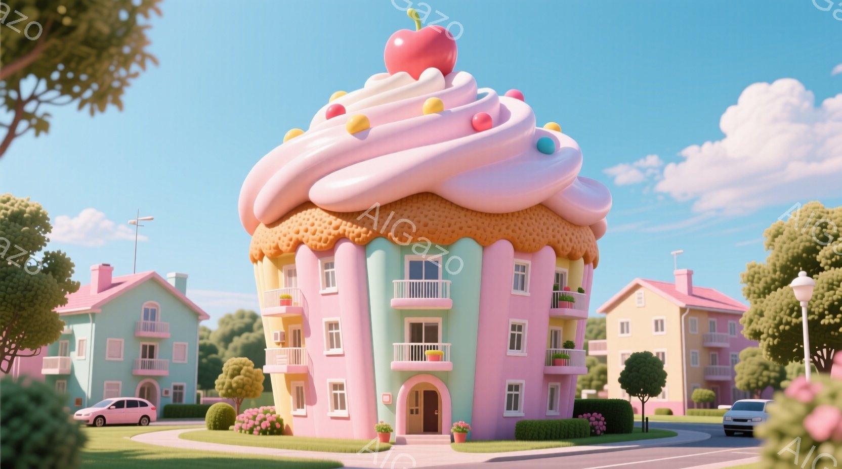 鮮やかな青空の下、カップケーキのような可愛らしい建物が中心に描かれています。建物はピンク、水色、黄色とパステルカラーで彩られ、バルコニーや窓が整然と並び、まるで住めるお菓子のような外観です。背景には、 - AI生成フリー素材