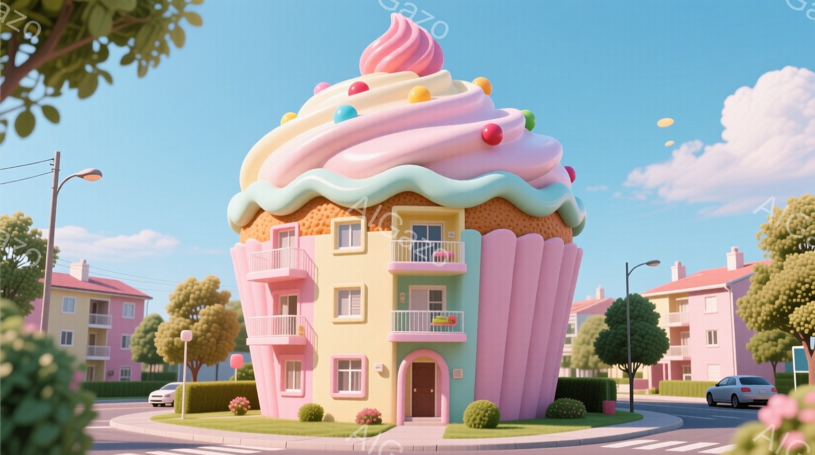 巨大なカップケーキを模した家が描かれています。家は、クリーム色のアイシングとカラフルなスプリンクルで覆われ、ベースはココア色のスポンジケーキのようになっています。背景には、ピンクや薄い青色の建物が並び、緑豊かな木々が点在しており、晴天の下、夢のようなかわいらしい雰囲気を醸し出しています。