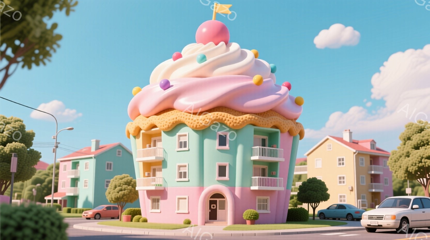 鮮やかな青空の下、クリームとカラフルなスプリンクルで飾られたユニークな建物が並ぶ住宅街です。建物はまるで巨大なカップケーキのようで、隣接する家々はパステルカラーで可愛らしい印象を与えます。道路には数台の車が走っており、手入れの行き届いた緑と穏やかな天候が平和な雰囲気を醸し出しています。