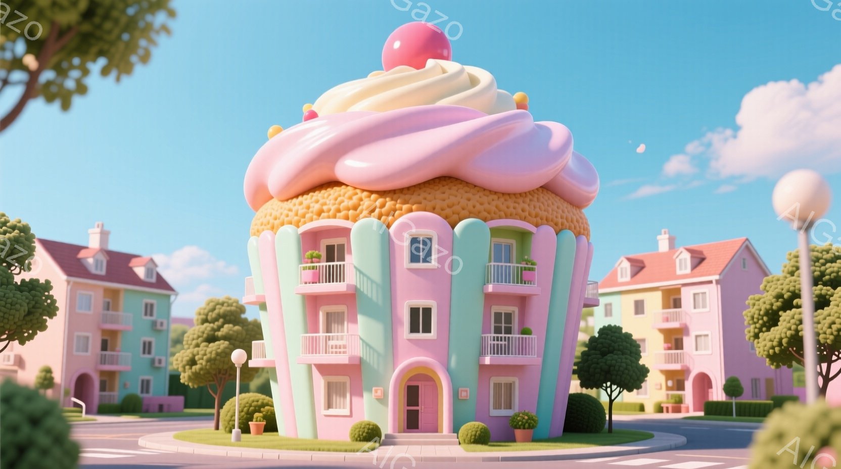 ピンク色の可愛らしい建物が、巨大なカップケーキのようにデザインされています。周囲にはパステルカラーの住宅が並び、緑の木々と青い空が背景に広がっています。全体的に明るく、夢のような雰囲気で、どこかおとぎ - AI生成フリー素材