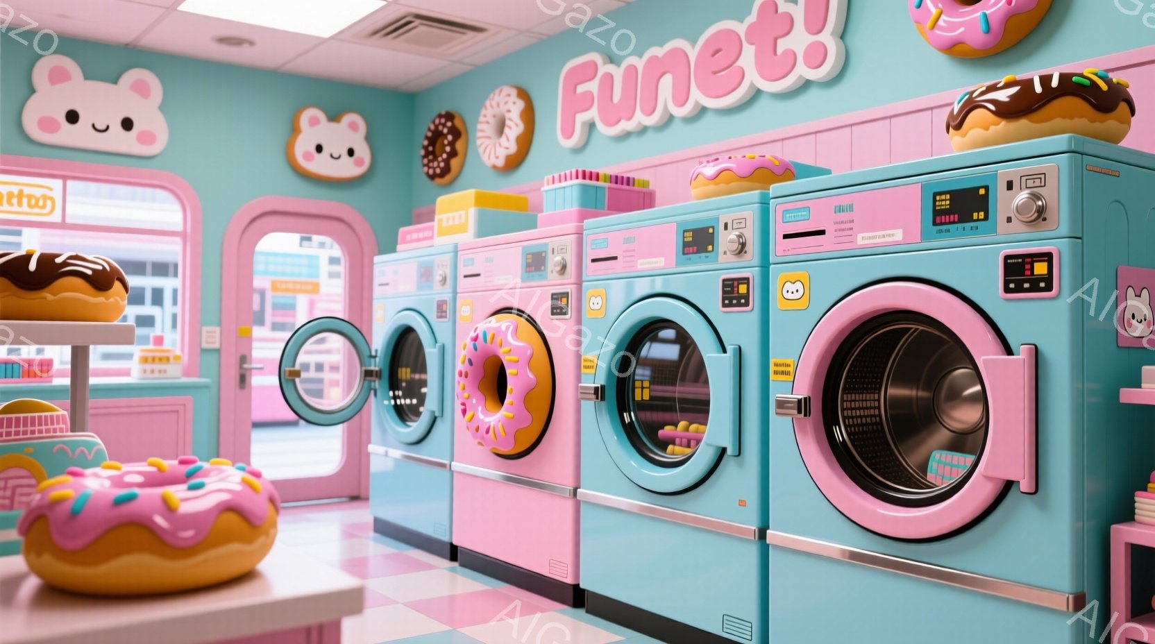 鮮やかなピンクと水色の内装が印象的なコインランドリーの画像です。洗濯機はドーナツのような装飾が施され、可愛らしい雰囲気を醸し出しています。背景にはドーナツが並んだショーケースもあり、全体的に甘くて遊び心のある空間が演出されています。