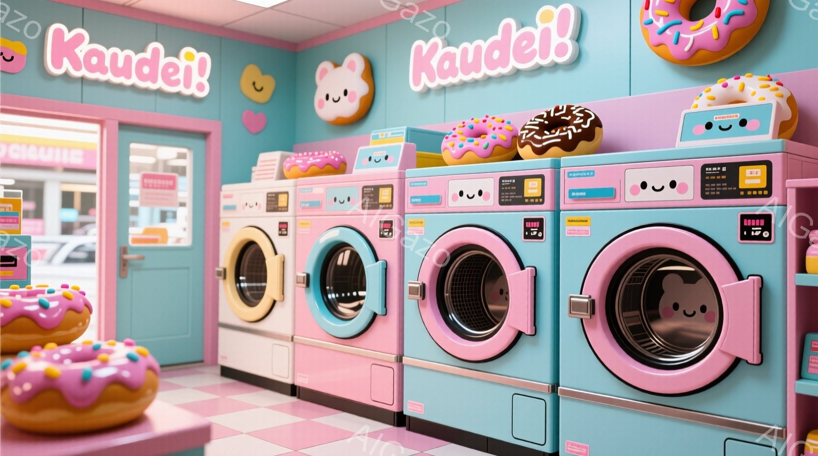 パステルブルーとピンクを基調としたランドリー店内の様子で、可愛らしい顔のウォッシャーが並んでいる。ドーナツのイラストがウォッシャーの上や店内に飾られており、全体的に甘くて遊び心のある雰囲気が漂っている - AI生成フリー素材