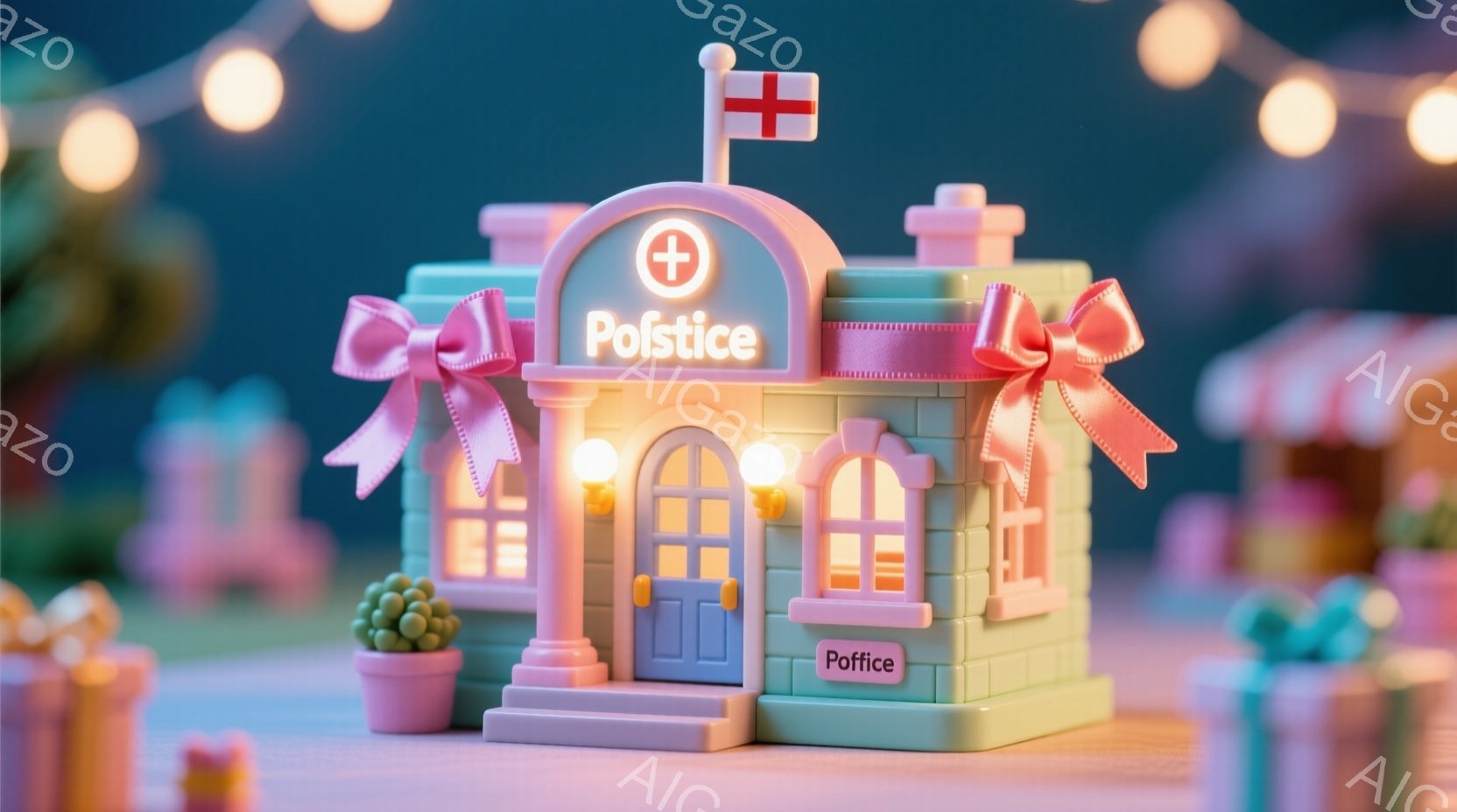 パステルカラーの可愛らしい診療所が描かれています。建物はクリーム色とピンク色で、屋根には赤いリボンがあしらわれています。背景には他のパステルカラーの建物や植物が見え、柔らかい光が暖かく、おとぎ話のような雰囲気を醸し出しています。