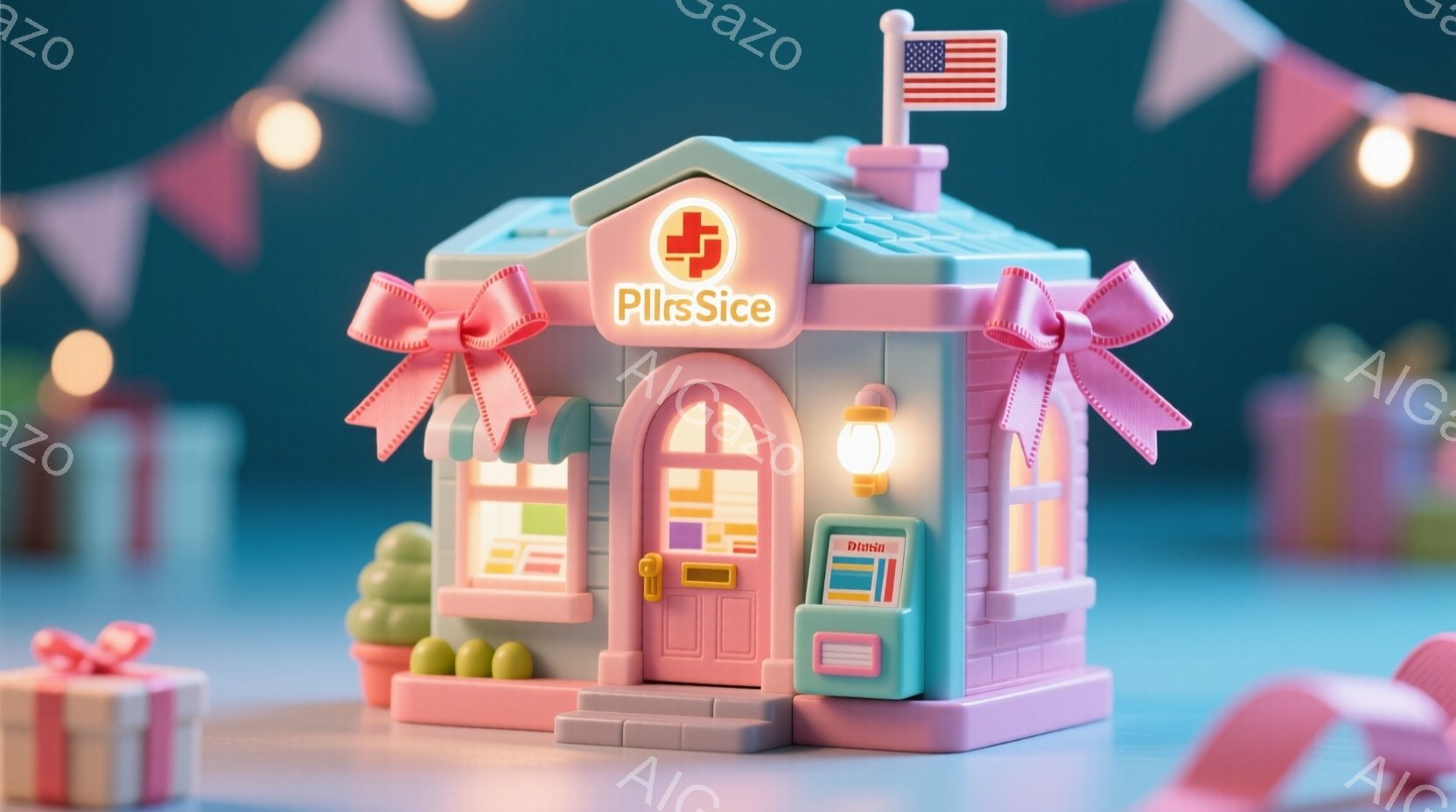 鮮やかなピンクと水色の可愛らしい家が描かれています。家の正面には小さな郵便ポストがあり、家の周りにはプレゼントの箱と小さな緑の木々が配置されています。背景は淡いピンク色で、たくさんの三角形のフラッグガーランドが飾られ、お祝いの雰囲気を醸し出しています。