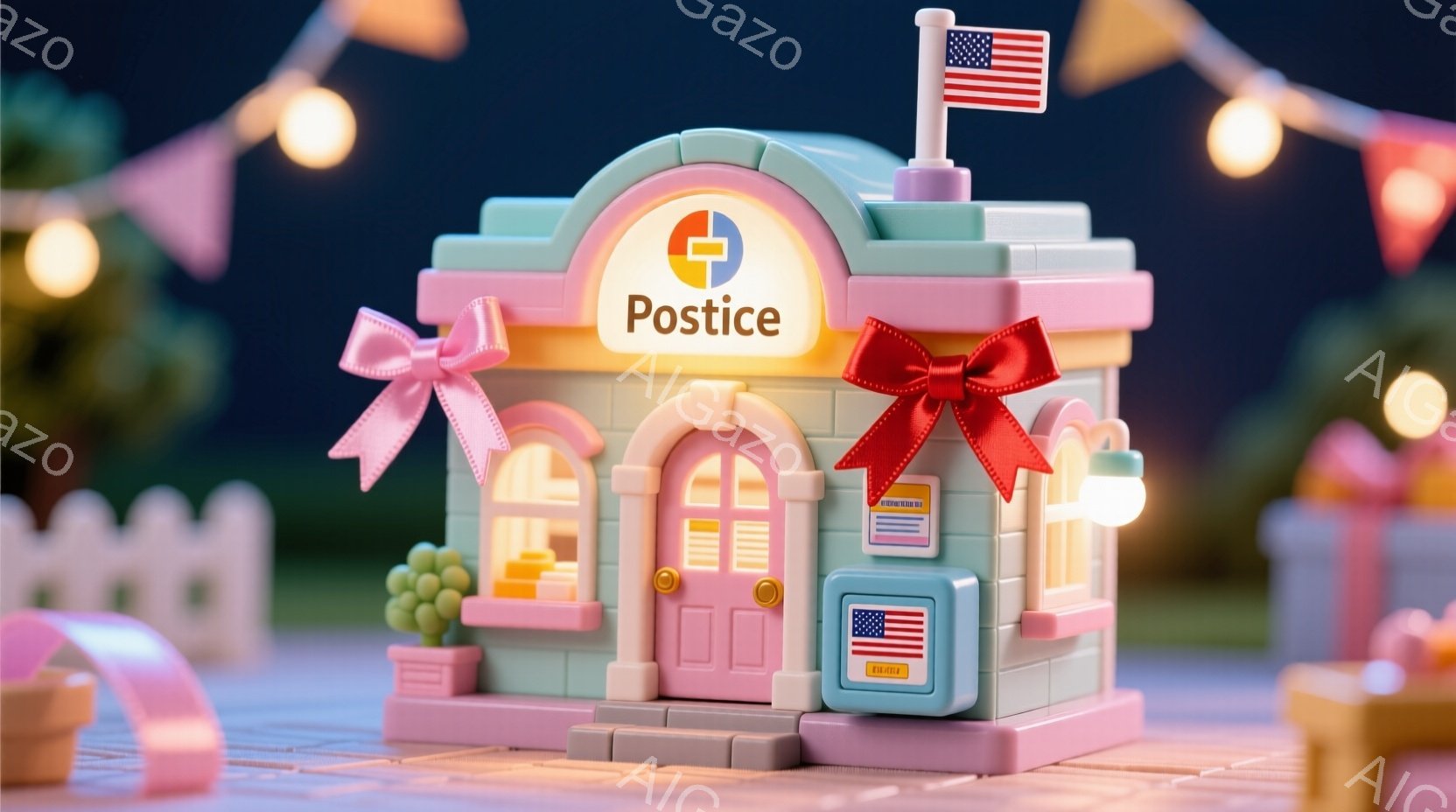 明るいピンクとクリーム色の可愛らしい建物が写っています。屋根には大きな赤いリボンが飾られ、窓には「郵便局」と書かれた看板が掲げられています。背景には緑の芝生と小さな白いフェンス、そしてぼんやりとした光のぼかしが見え、おとぎ話のような優しい雰囲気です。