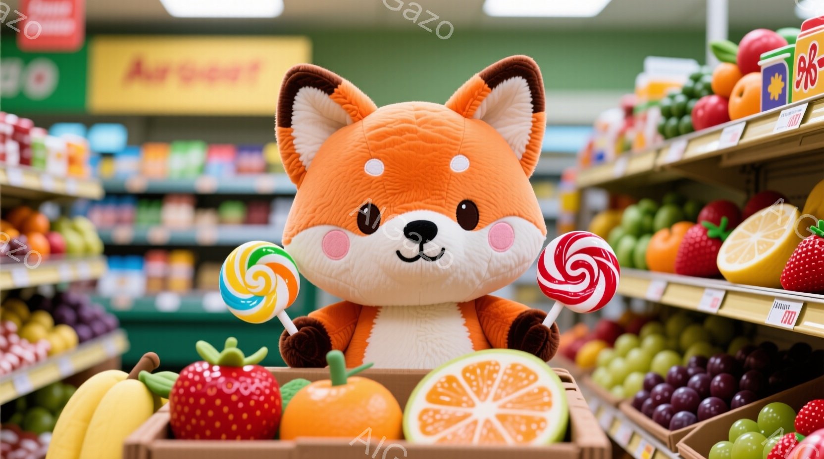 オレンジ色のふわふわしたキツネのぬいぐるみは、手にキャンディを持って、果物の陳列棚の前で座っています。背景には、さまざまな種類の果物、例えばバナナ、イチゴ、オレンジなどが並び、明るく活気のある食料品店の雰囲気が漂っています。全体的に、かわいらしいキツネとカラフルな果物が組み合わさり、温かくて楽しい印象を与えています。