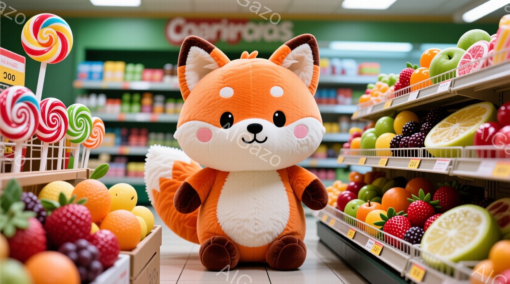 大きなオレンジ色の狐のぬいぐるみがお店の棚の前で立っています。周りには色とりどりの果物が積み重ねられ、まるでスーパーマーケットのようです。明るい照明とカラフルな果物が、楽しい雰囲気を醸し出しています。 - AI生成フリー素材