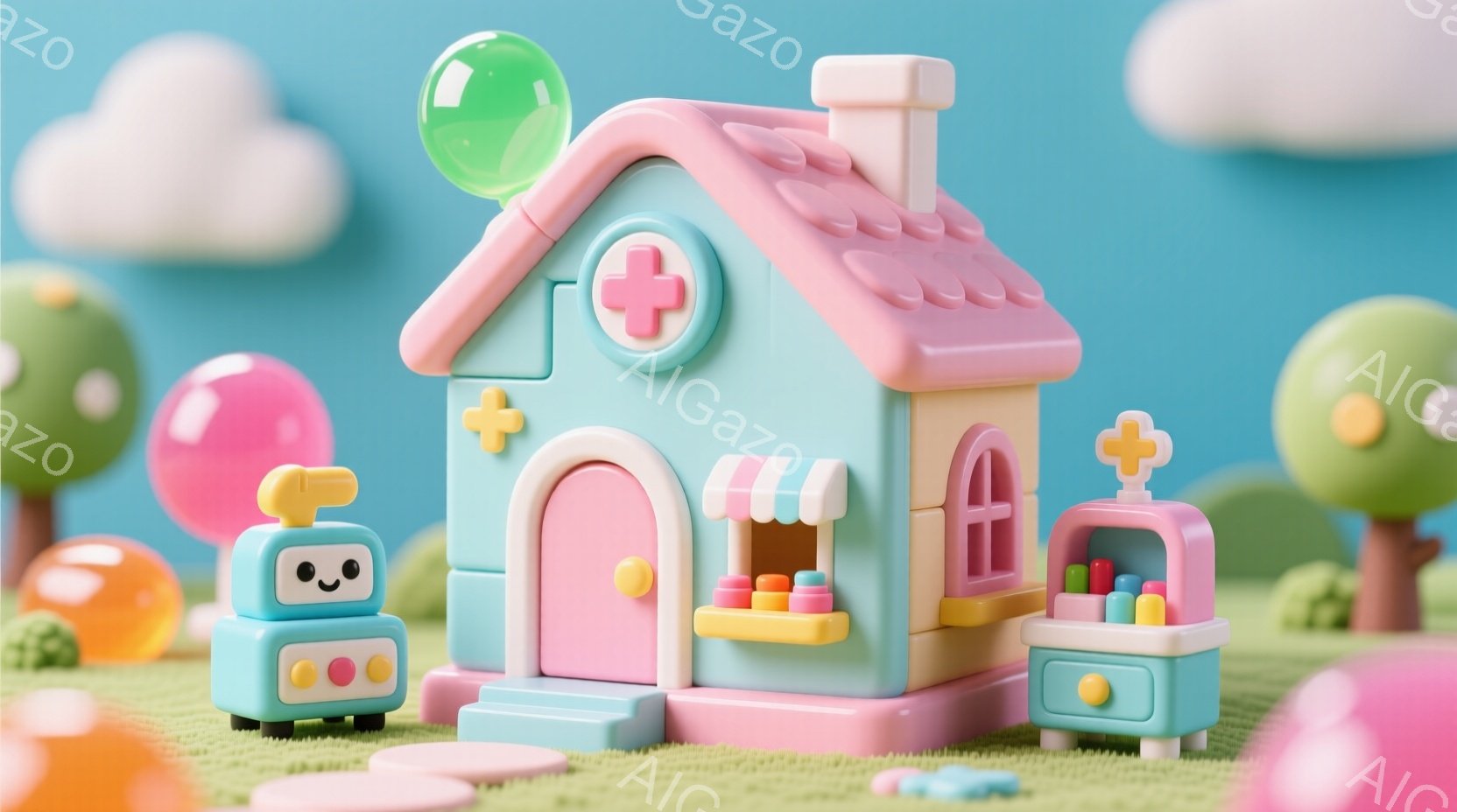 パステルカラーの可愛らしいおもちゃの病院が、緑色の芝生の上に立っています。病院にはピンク色のドアと窓があり、処方箋と薬が置かれたカウンターが見えます。背景には、丸い木とカラフルな風船が散りばめられ、明 - AI生成フリー素材