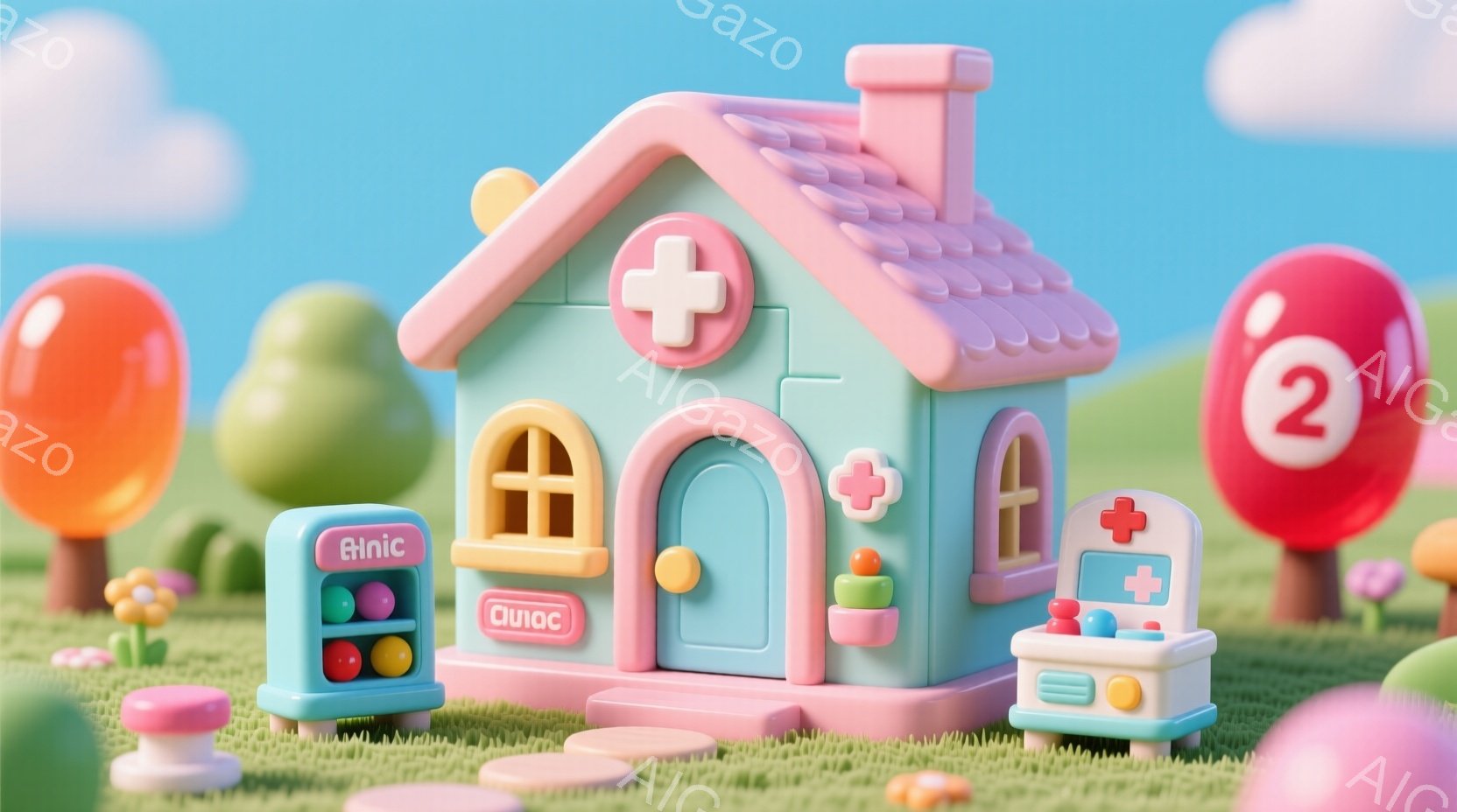 鮮やかなピンク色の病院が、緑の芝生の上に可愛らしく建っています。病院の周りには、赤や緑のカラフルなキノコのようなものが点在し、背景にはパステルブルーの空が広がっています。全体的に明るく、おもちゃのよう - AI生成フリー素材