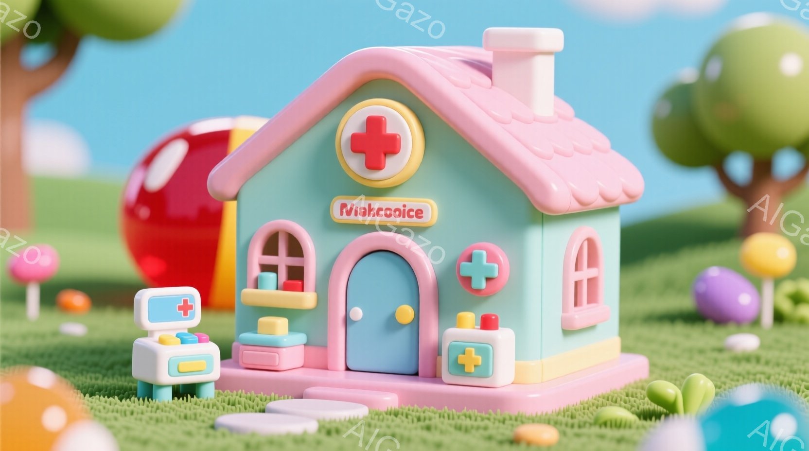明るいパステルカラーの可愛らしい診療所が、緑の芝生の上に建っています。診療所の壁は水色で、屋根はピンク色、ドアは淡い青色です。背景には様々な色のキノコが生えており、全体的に夢のような、遊び心のある雰囲気です。