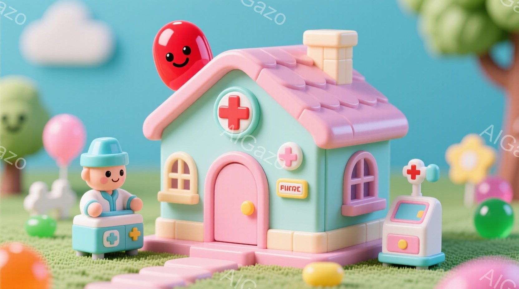 明るいピンク色の病院が、緑の芝生の上に建っています。小さな医者が青い帽子と赤い服を着て、車椅子に乗って病院の前にいます。背景には、カラフルな風船のような形の木々があり、全体的に可愛らしく、楽しげな雰囲気です。