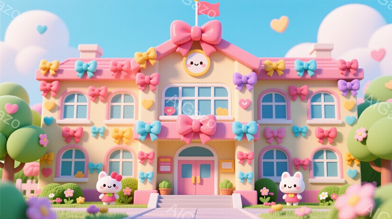 ピンクと白を基調とした可愛らしい一軒家を描いています。家の周りにはカラフルな花が咲き、玄関の前には可愛らしいキャラクターが立っています。空にはふわふわとした雲とハートが浮かび、全体的に明るく、夢のよう - AI生成フリー素材