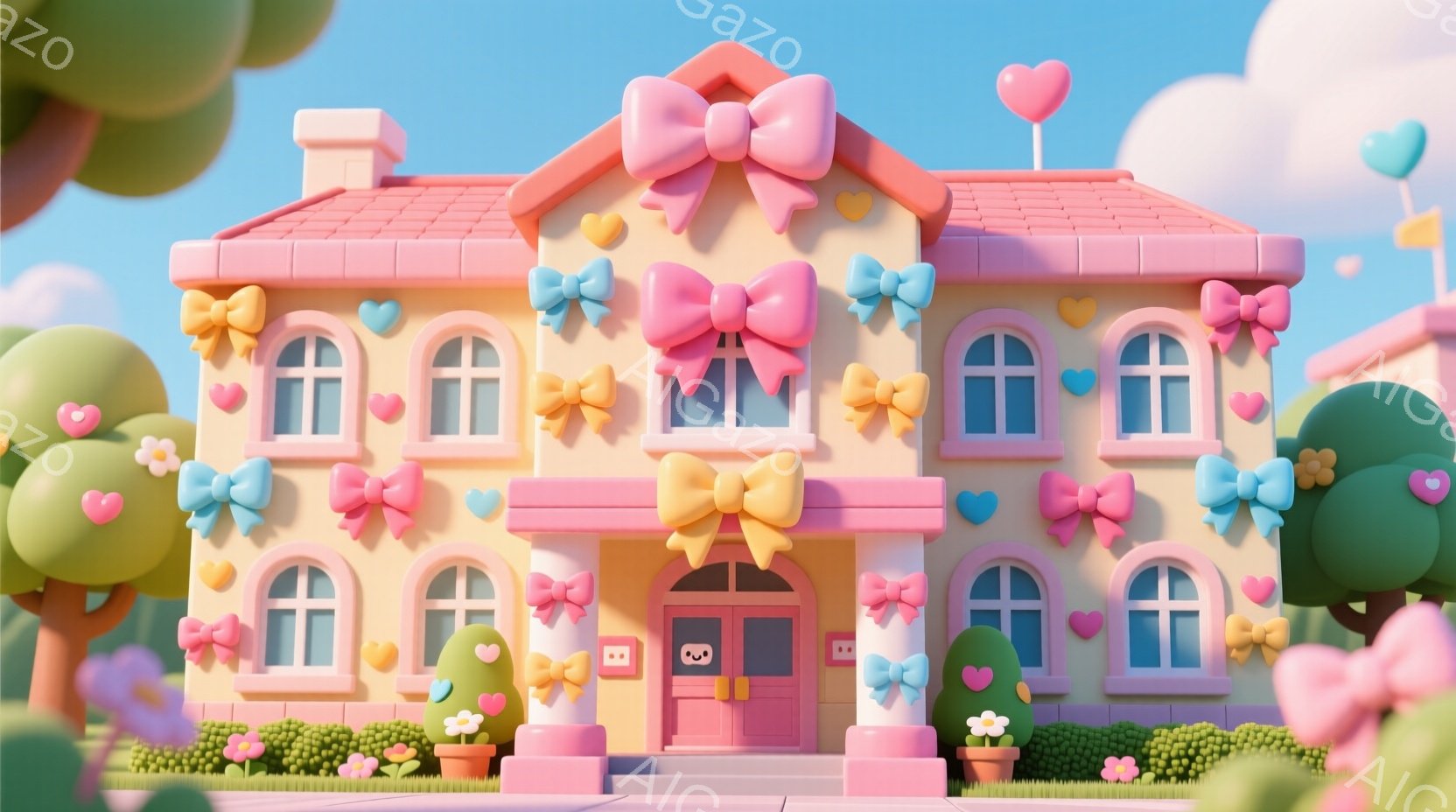 明るいピンクと黄色を基調とした可愛らしい家が描かれています。家の周りにはハートやリボンなどの装飾が施され、芝生には花が咲き、背景にはパステルカラーの雲が浮かんでいます。全体的に夢のような、おとぎ話のよ - AI生成フリー素材