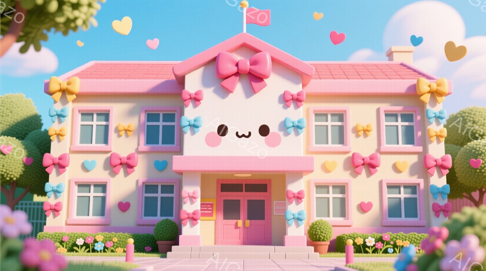 パステルカラーの可愛らしい一軒家が描かれています。家には大きなリボンがあしらわれ、窓にはハート型の装飾が施されており、全体的に甘くて夢のような雰囲気です。背景は明るい空と緑豊かな植物で彩られ、心温まる春の日のような、非常に愛らしい情景が広がっています。