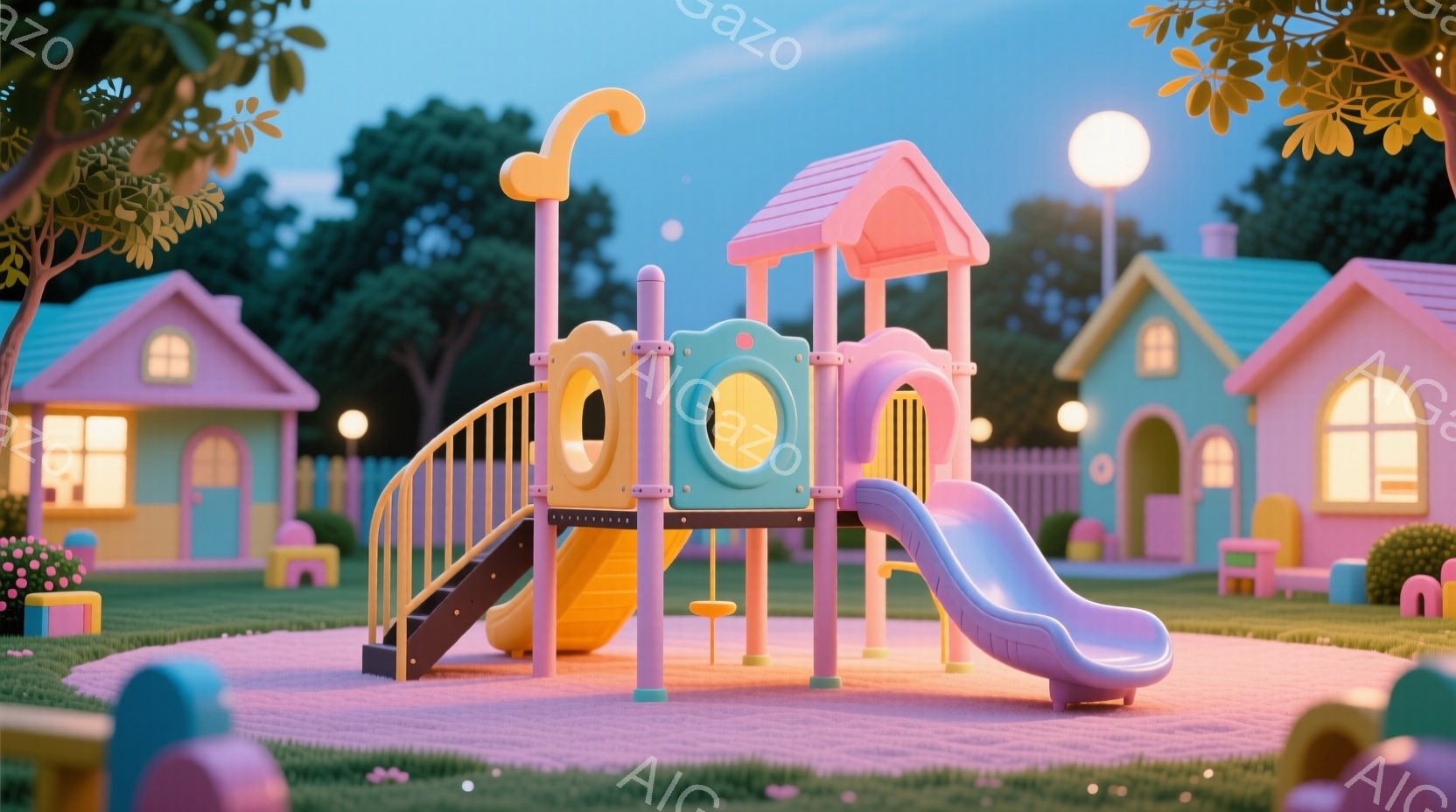 明るいピンクと水色の遊具が広がる公園の夜の様子が描かれています。背景には可愛らしい家々が並び、優しい光が灯っています。全体的にパステルカラーで統一され、幻想的で温かい雰囲気を醸し出しています。