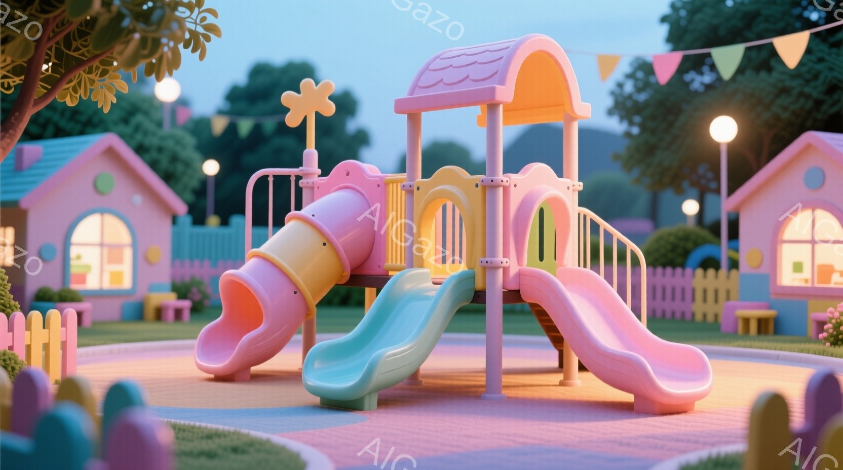 明るいピンクと黄色の遊具が、緑色の芝生の上に置かれた遊園地の一角です。背景には、可愛らしいデザインの小さな家々が並び、フェンスで囲まれています。穏やかな光とパステルカラーが、夢のような優しい雰囲気を醸 - AI生成フリー素材