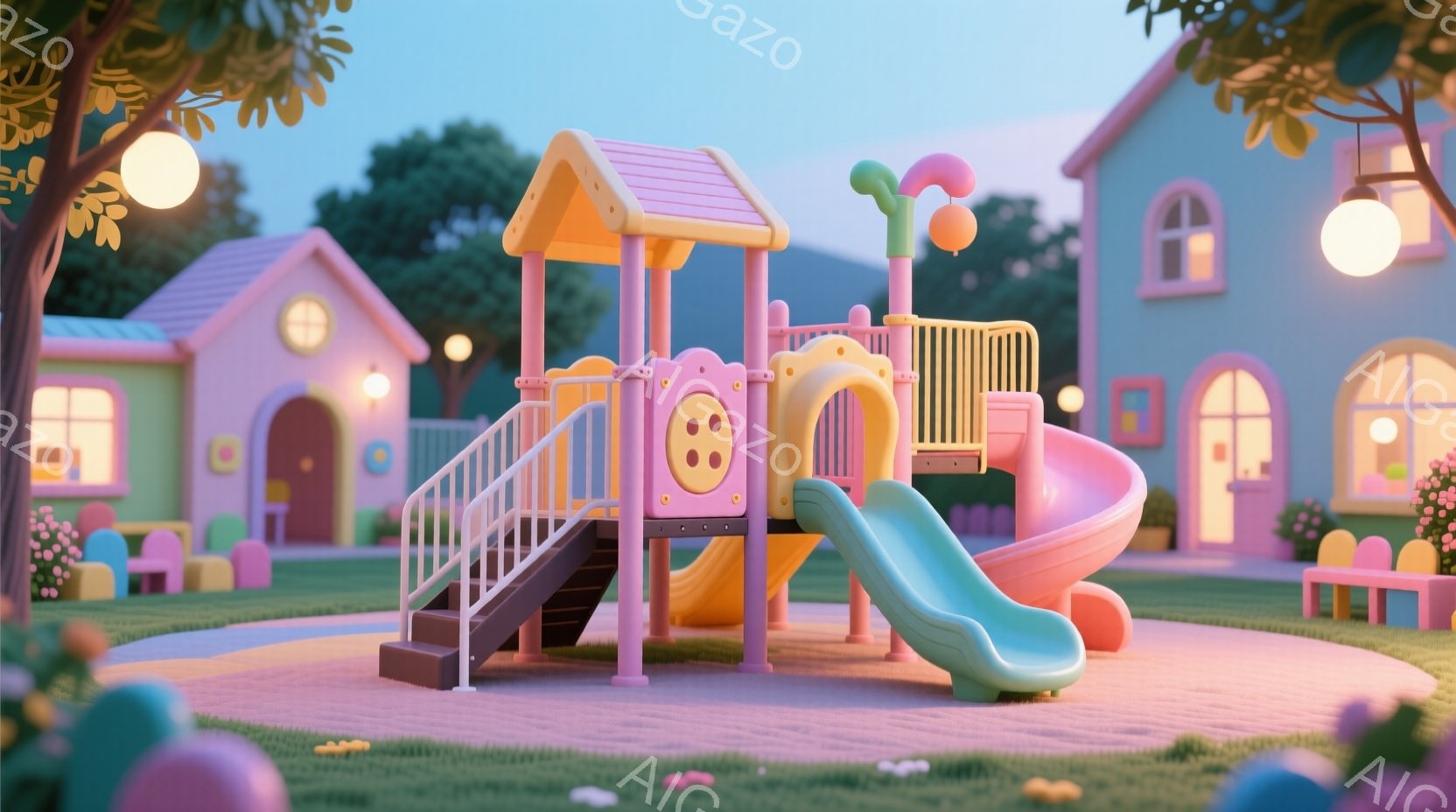 明るいピンクと黄色の遊具が広がる芝生公園で、滑り台を中心に、小さな家々が並んでいます。背景には、夕焼けのような柔らかな光が差し込み、暖かくファンタジーな雰囲気を醸し出しています。全体的にパステルカラーで統一され、遊び心と優しさに満ちた、子供たちのための理想的な空間を表現しています。