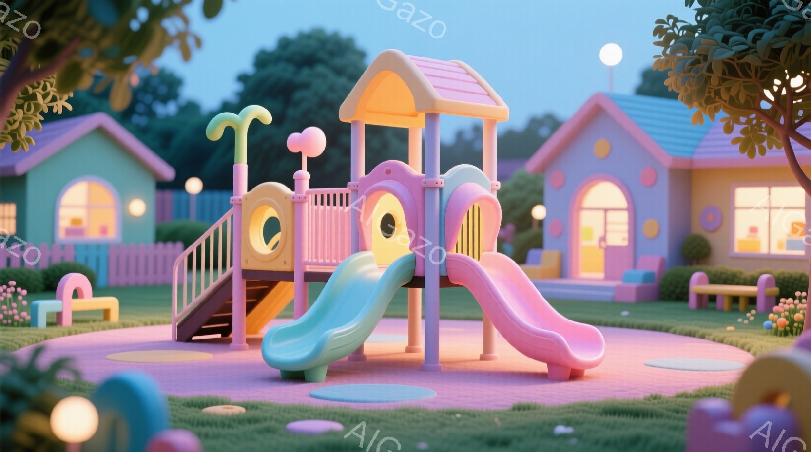 公園には、明るいピンク、水色、オレンジ色の遊具が配置されており、特に滑り台と小さな塔が目立ちます。背景には、パステルカラーの可愛らしい家々と緑豊かな木々が見え、夜空には柔らかな光を放つ月が浮かんでいます。全体的に、夢のような、穏やかで優しい雰囲気を感じさせます。