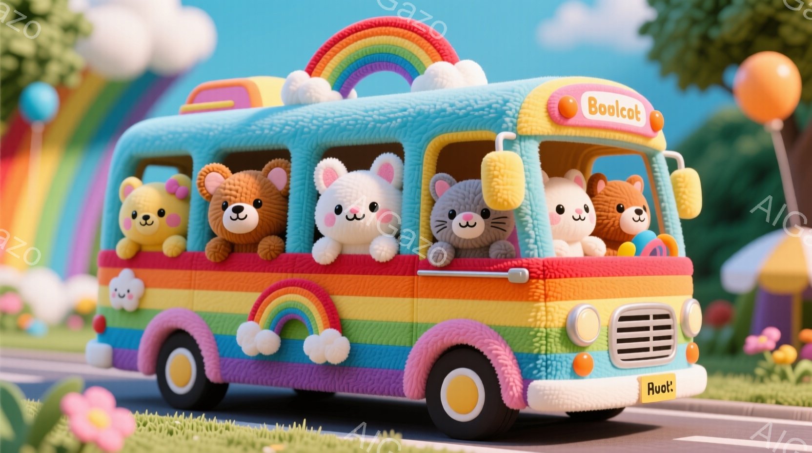 カラフルなミニバスが、可愛らしい動物たちでいっぱいになっています。動物たちは皆、窓から顔を出し、楽しそうにしています。背景には虹、花、そして晴れた空が広がっており、全体的に明るく、楽しい雰囲気が漂って - AI生成フリー素材