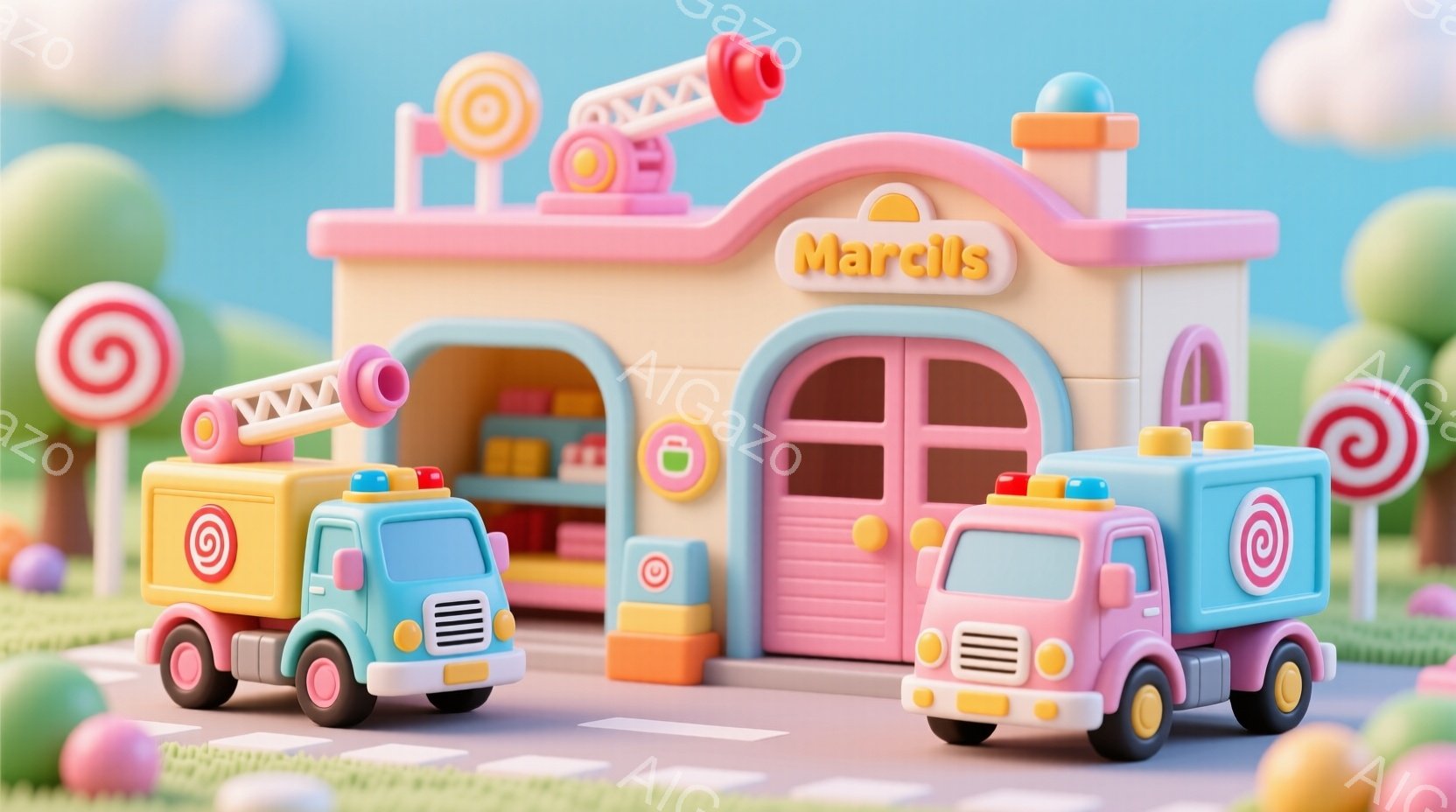 カラフルで可愛らしい消防署と2台の消防車が描かれています。消防署はピンクとオレンジの色合いで、丸みを帯びたデザインが特徴的です。背景には緑の芝生と色とりどりの球体が配置され、明るく楽しい雰囲気を醸し出しています。