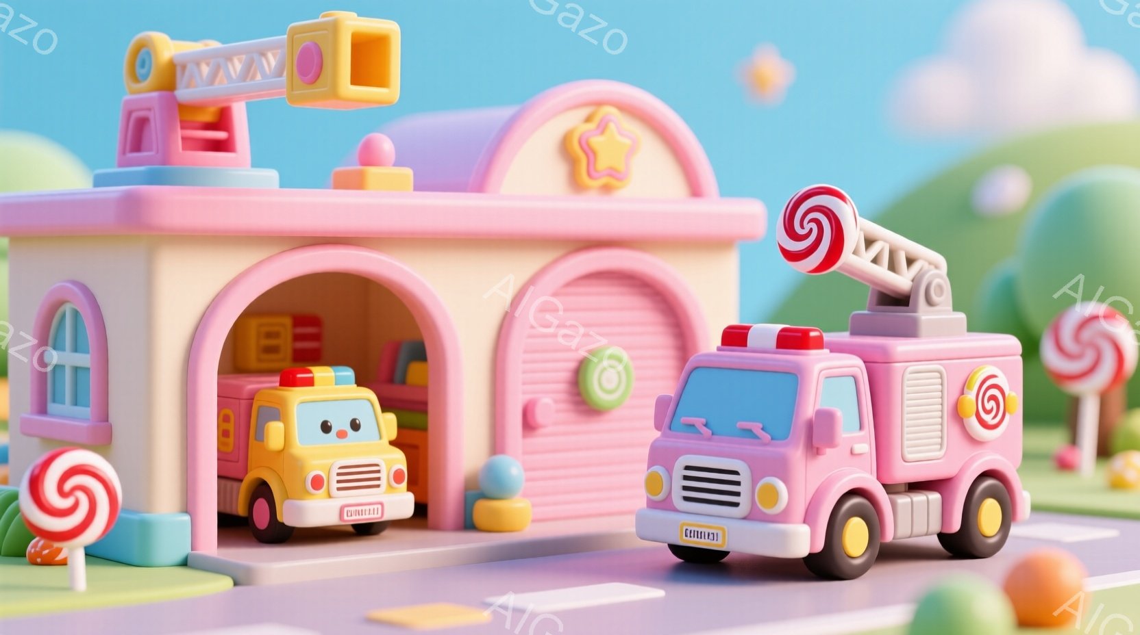 ピンク色の消防署と、黄色とピンク色の消防車が描かれています。消防署は丸みを帯びた可愛らしいデザインで、キャンディのような装飾が施されています。背景には、パステルカラーの道路と、丸いオブジェクトが散りばめられ、おもちゃのような雰囲気です。