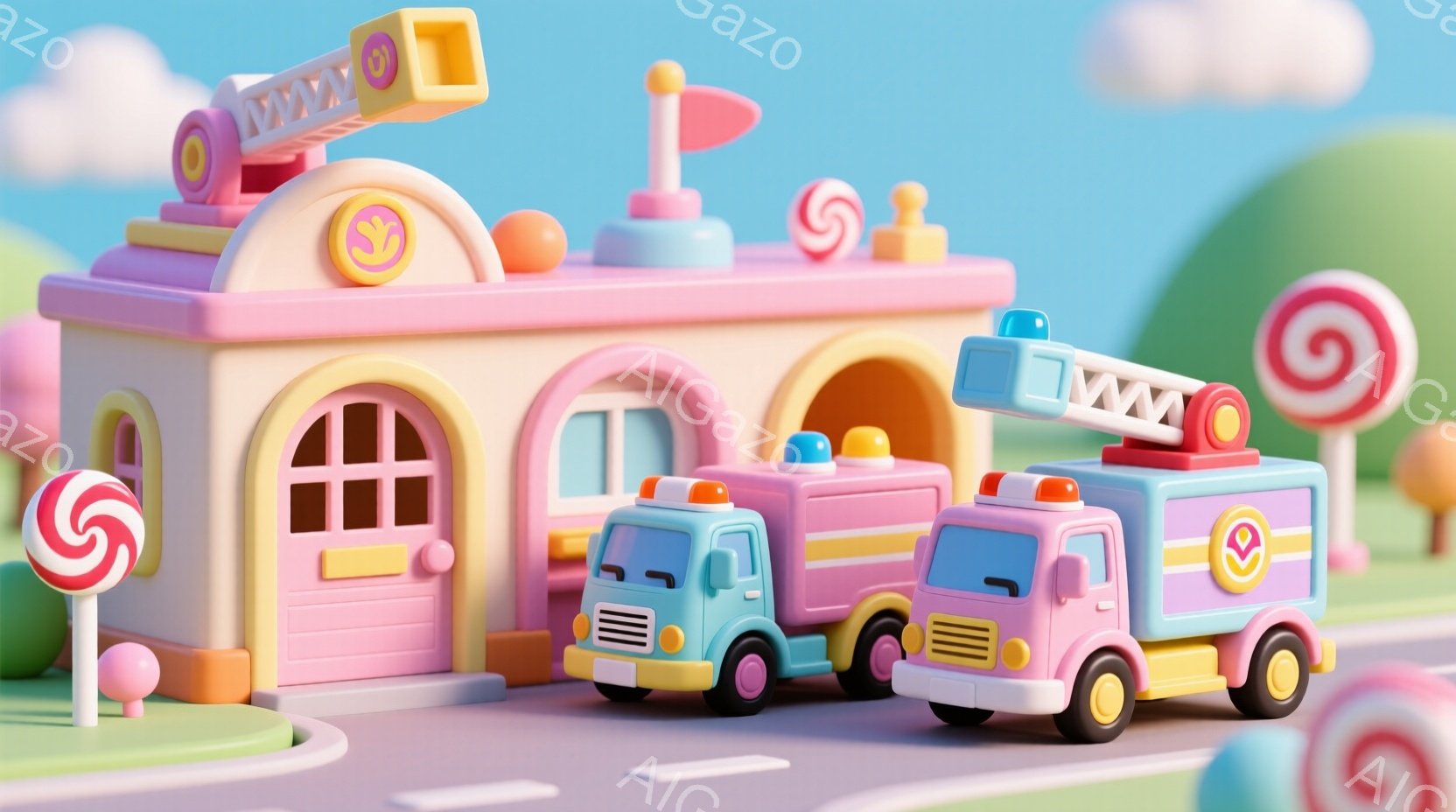 ピンクと水色の消防署と2台の消防車が描かれています。背景にはキャンディの模様の棒や、丸いカラフルなオブジェクトがあり、全体的に明るくおもちゃのような雰囲気です。空は水色で、雲が浮かび、背景はシンプルな丘の形をしています。