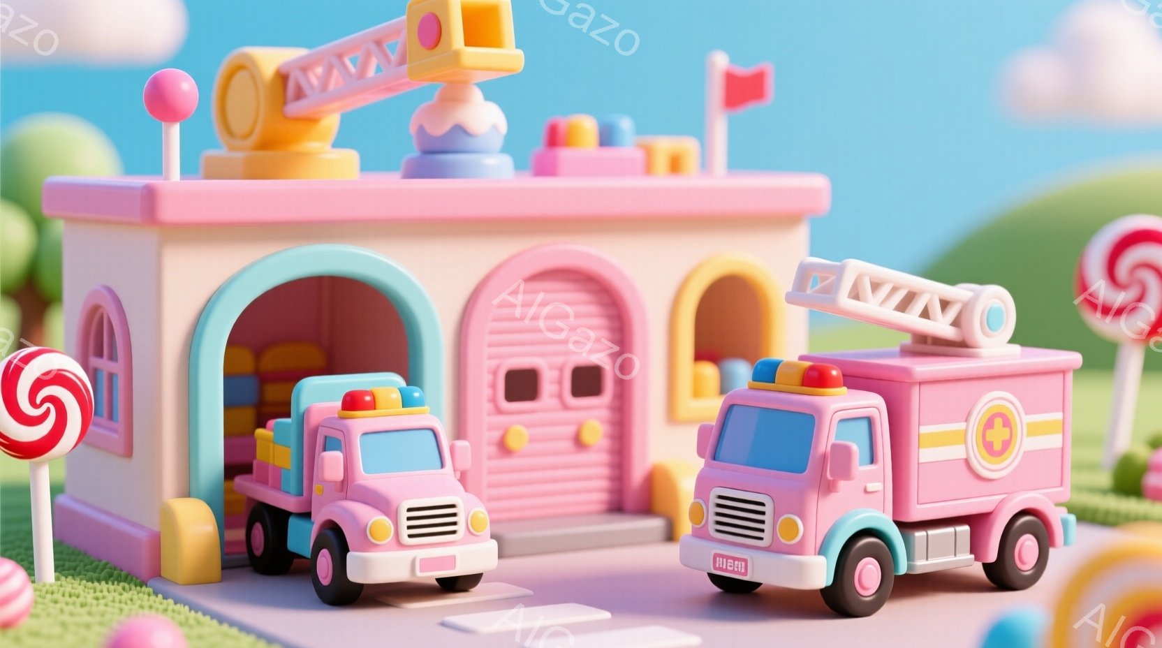 ピンク色の消防署と救急車、そして消防車を描いています。背景には、キャンディのようなカラフルな装飾が施された緑の芝生が広がり、おとぎ話のような夢幻的な雰囲気を醸し出しています。全体的に、明るく遊び心のある、子供向けのイラストレーションです。