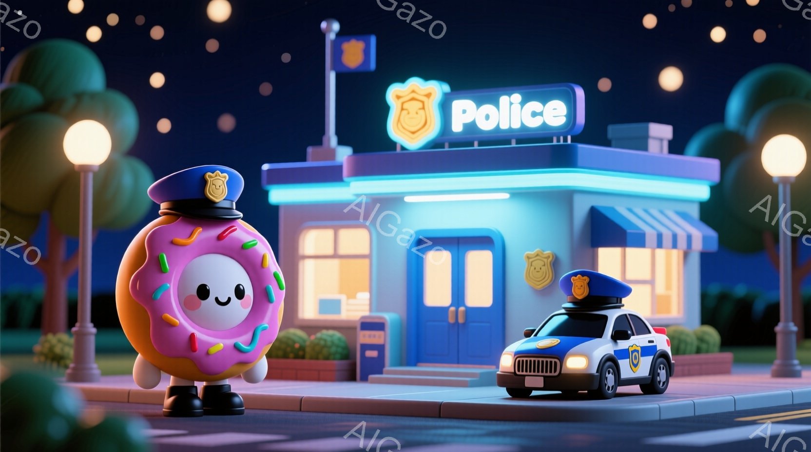 警察署の前でポーズをとるドーナツのキャラクターが描かれています。ドーナツはピンク色のアイシングとカラフルなスプリンクルで飾られ、警察官の帽子をかぶっています。背景には、青い光を放つ警察署と、街灯、そして暗い夜空が広がっており、可愛らしくユーモラスな雰囲気を醸し出しています。