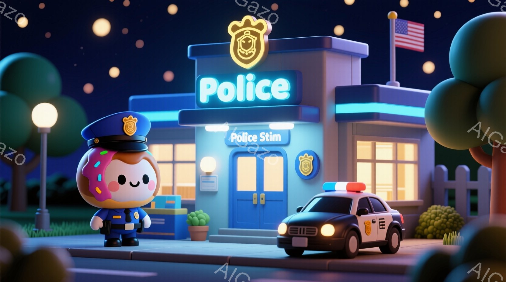 夜の街並みを背景に、ドーナツのキャラクターが警察官の制服を着て立っています。顔は可愛らしい表情で、頭には警察官の帽子を被っています。背景には青い警察署とパトカー、そして街灯が点在し、全体的に明るく可愛らしい雰囲気です。