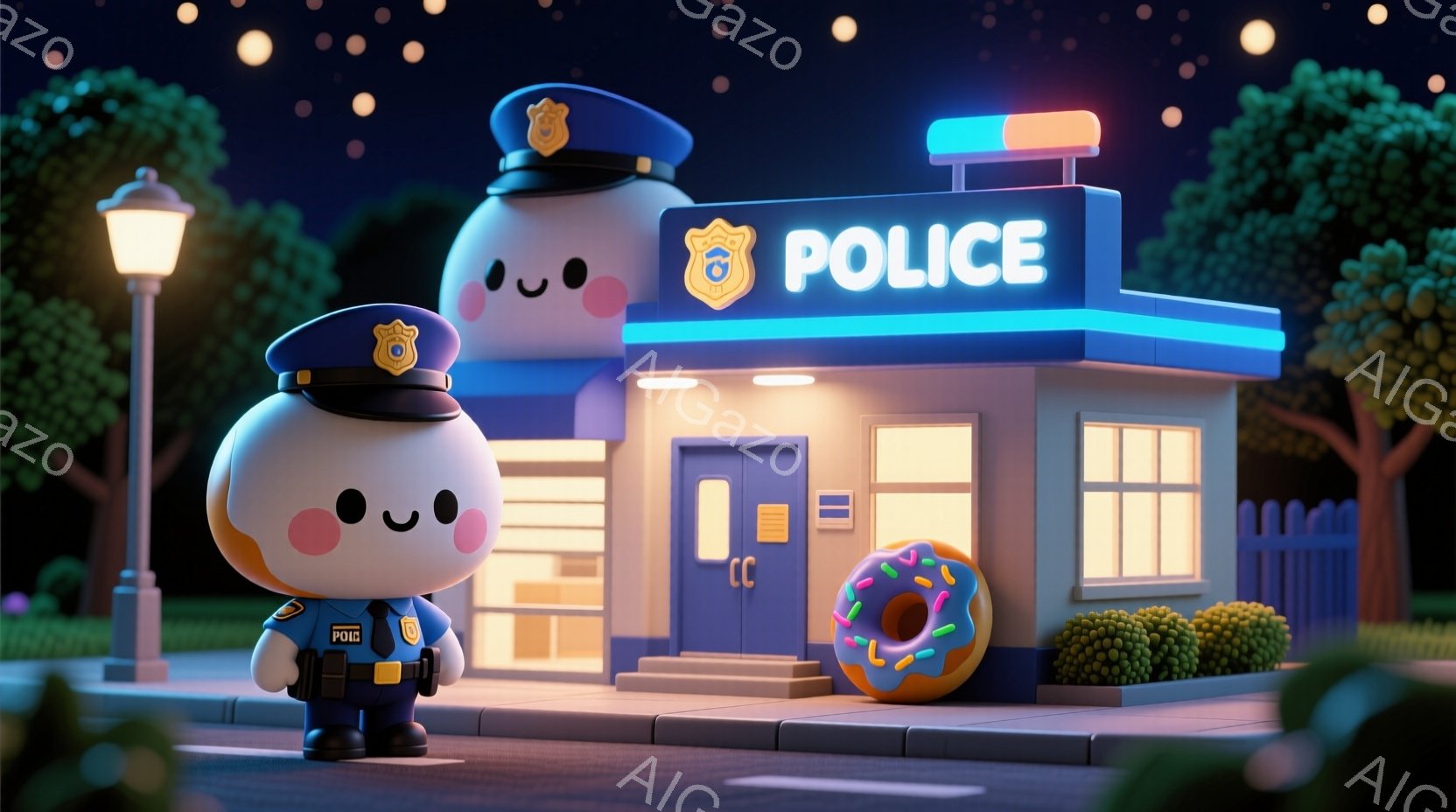 ドーナツ型の警察官が、小さな警察署の前に立っています。警察官は青い制服に警察官のバッジと帽子を着用し、顔には笑顔が浮かんでいます。背景には緑豊かな植物と夜空が広がり、暖かくユーモラスな雰囲気です。