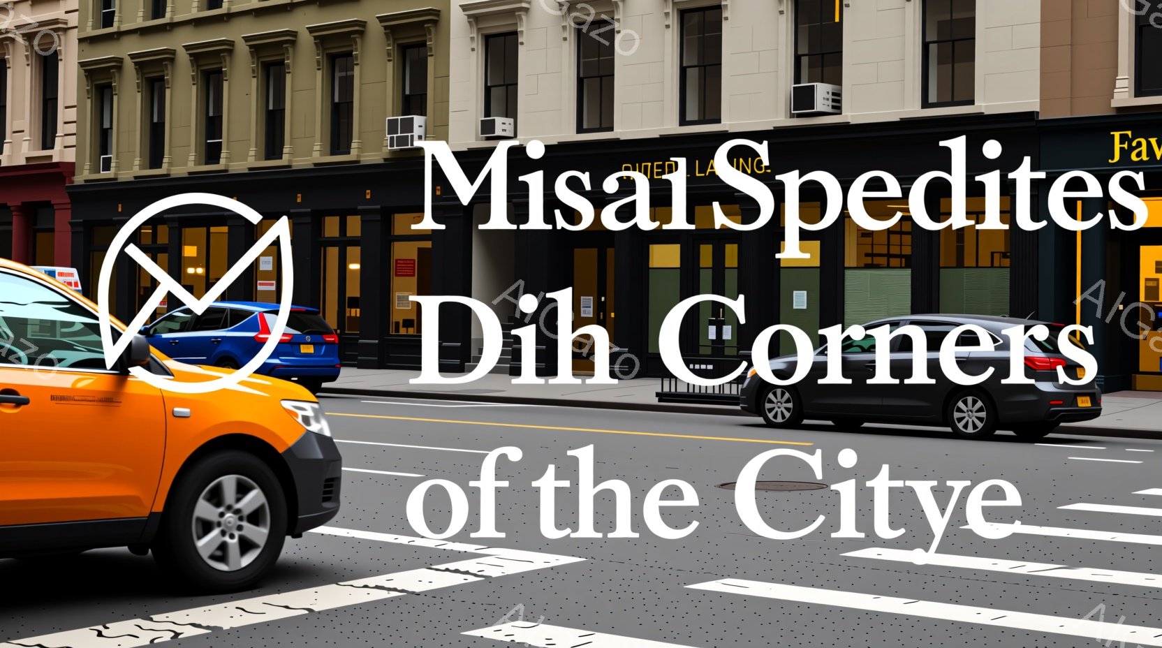 ニューヨーク市のストリートシーンで、オレンジ色のタクシーが交差点の横断歩道を走行している様子が捉えられています。建物の壁はレンガ調で、複数の窓が並び、都市の活気を感じさせます。全体的に晴天で、日中の賑やかな雰囲気です。