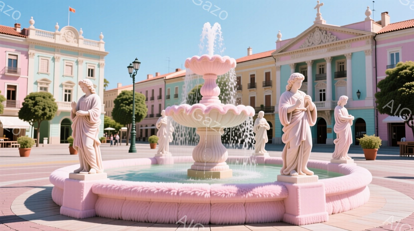 広場の中央には、ピンクの大理石のような素材で作られた噴水が設置されており、周囲を４体の彫像が囲んでいます。彫像は古代ローマ風の衣装を身につけ、優雅なポーズで静止しており、表情は穏やかで上品です。背景にはパステルカラーの美しい建物が立ち並び、晴天の下、穏やかで夢のような雰囲気を醸し出しています。