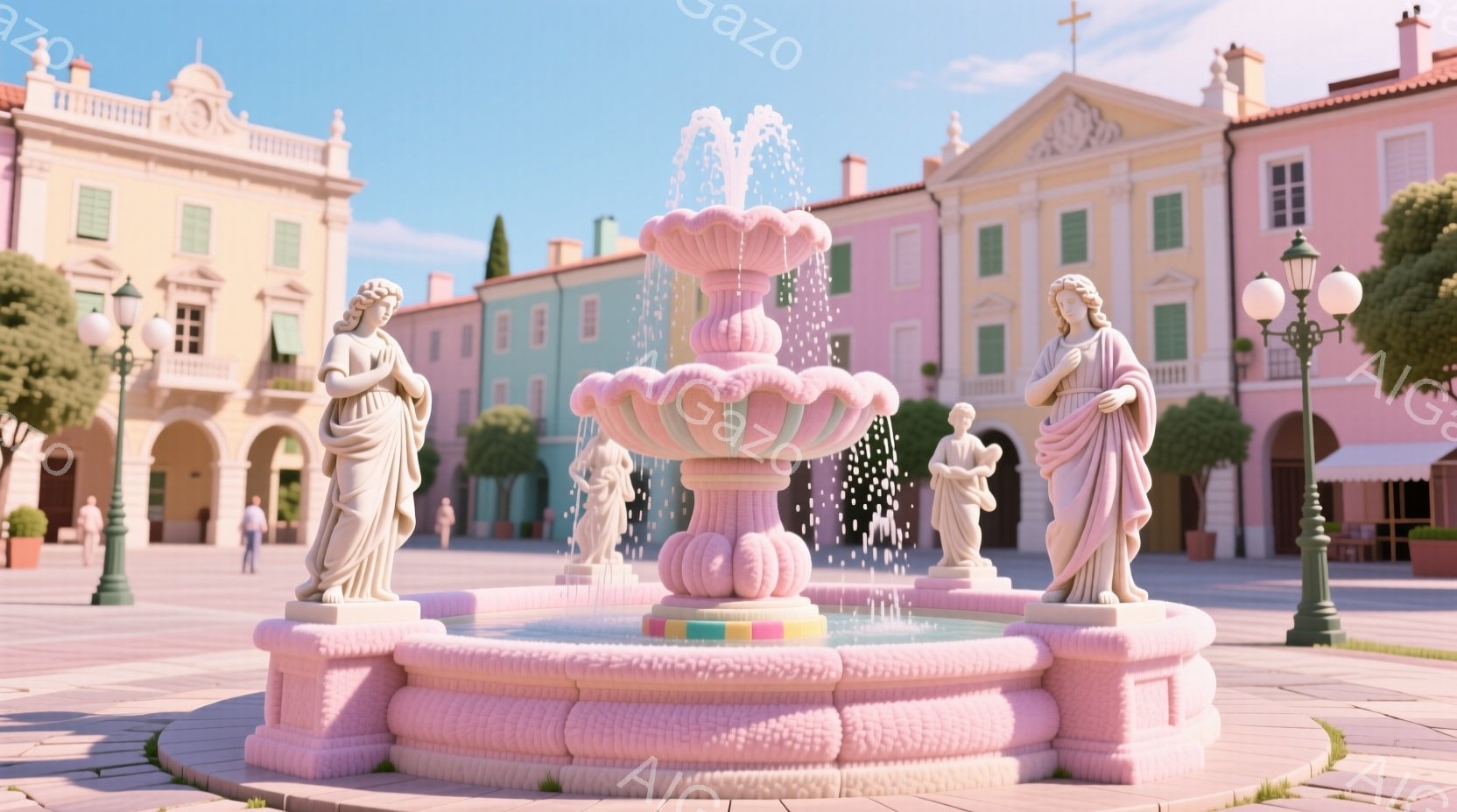 広場の中央には、ピンク色の彫刻が施された噴水が設置されており、その周囲には古典的な彫像が配置されている。彫像はそれぞれドレープの効いた衣服を身につけ、穏やかな表情を浮かべている。背景にはパステルカラーの建物が立ち並び、晴天の下、穏やかで夢のような雰囲気を醸し出している。
