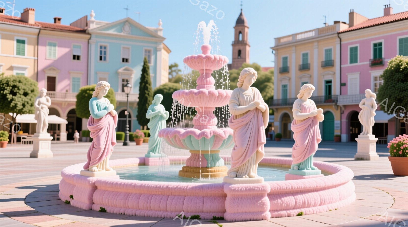 広場の中央には、パステルピンクと水色の装飾が施された噴水が設置されています。噴水の周りには、古代ギリシャ風の衣装を身につけた女性像が四体配置され、静かに水を眺めています。背景には、カラフルな建物と青空 - AI生成フリー素材