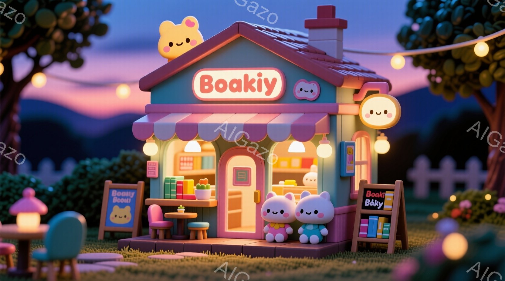 明るいピンク色の可愛らしいベーカリーが描かれています。店の外には、丸いテーブルと椅子が置かれ、可愛らしいクマのキャラクターが商品を選んでいます。背景には白い柵と緑豊かな木々が見え、穏やかで温かい雰囲気が漂っています。