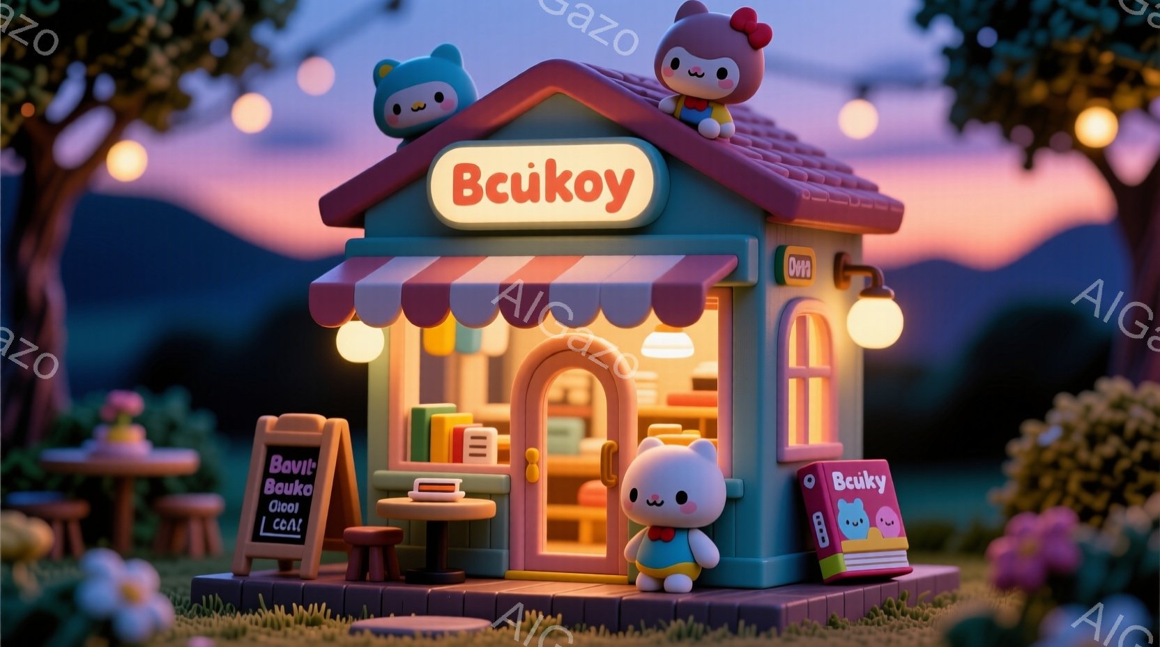 パステルカラーの可愛らしいお店が描かれています。入り口にはクマのキャラクターが青いセーターと赤いズボンを着用し、笑顔で立っています。背景には緑豊かな植物やテーブルセットがあり、穏やかで温かい雰囲気を醸 - AI生成フリー素材