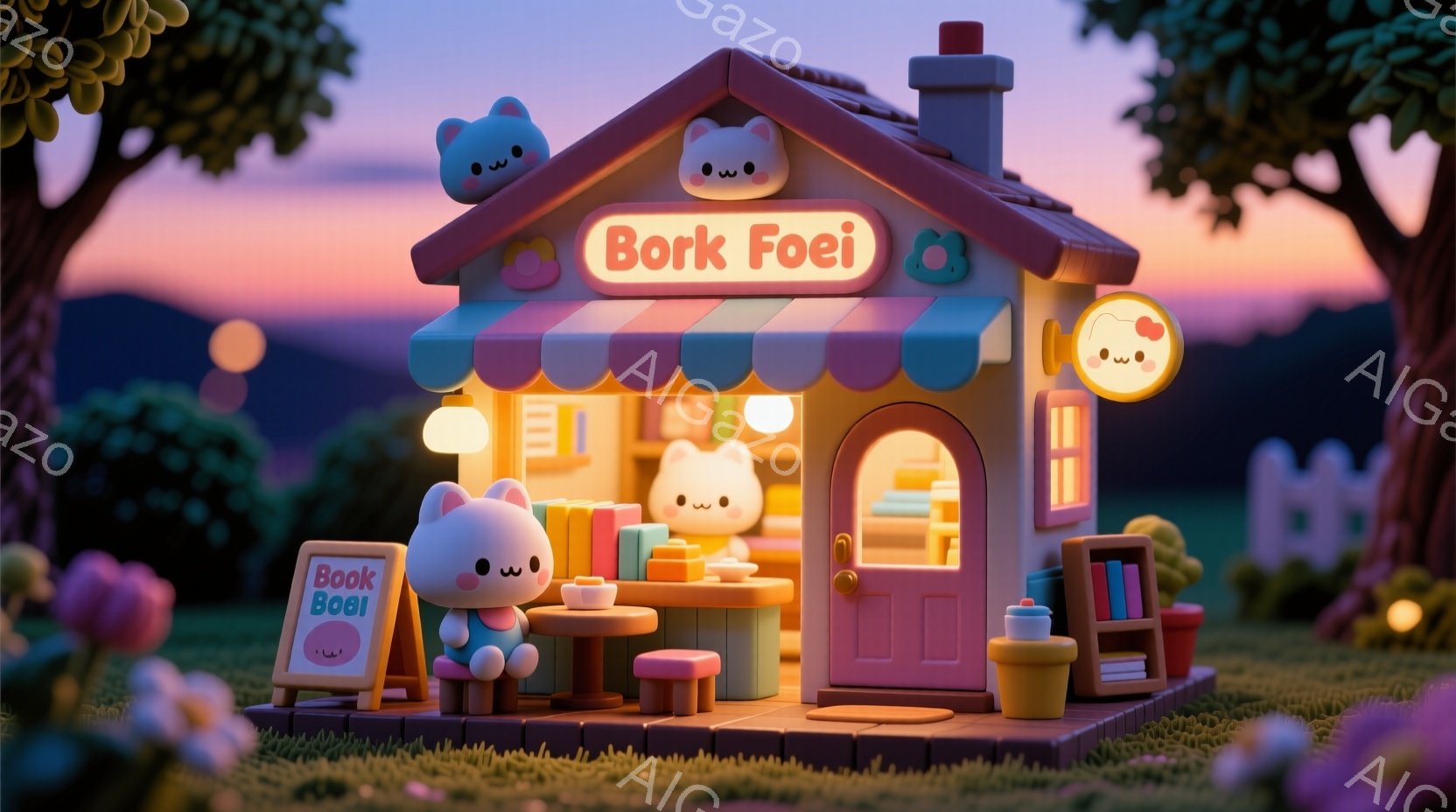 暖かく優しい光に照らされた、可愛らしいカフェが描かれています。カフェの外には、看板とテーブルセットがあり、中にいるウサギのキャラクターたちは楽しそうにお茶を飲んでいます。背景には緑豊かな自然と夕焼け空 - AI生成フリー素材