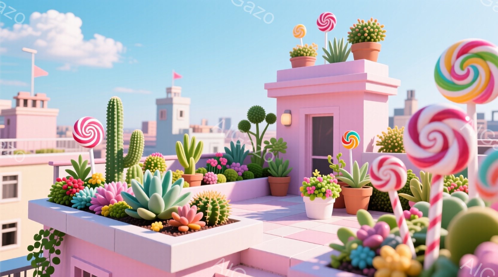 屋上はピンク色の建物と様々な植物で飾られており、カラフルなサボテンや花が楽しさを添えています。キャンディが屋上に点在し、夢のような、遊び心のある雰囲気を醸し出しています。背景にはパステルカラーの建物が - AI生成フリー素材