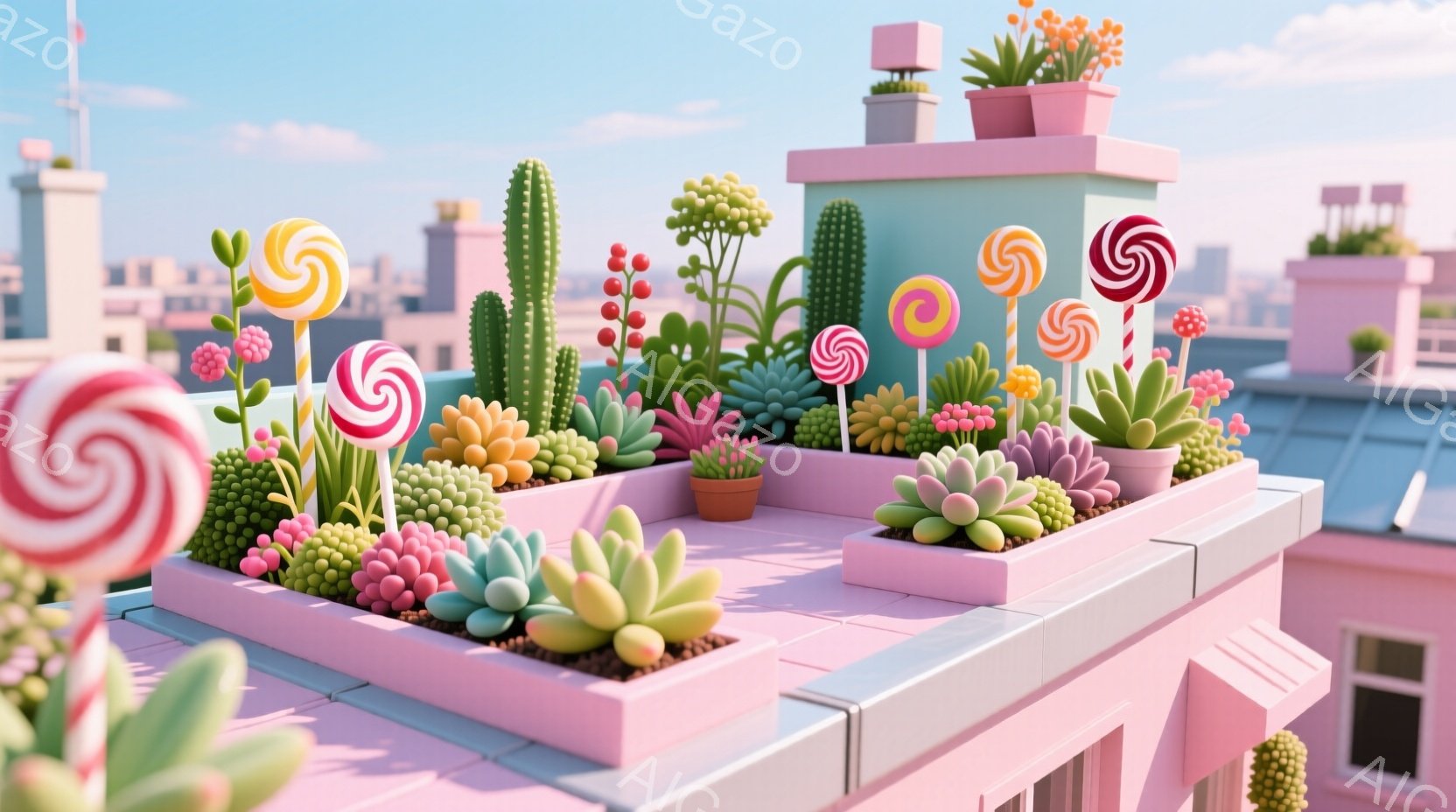 ピンク色の屋上庭園が広がり、さまざまな多肉植物やサボテンがカラフルに植えられています。キャンディーのような渦巻きの棒付きキャンディーがところどころに突き出ており、可愛らしい雰囲気を強調しています。背景には、ぼやけた都市の景色が広がり、晴れた空が穏やかな一日を暗示しています。