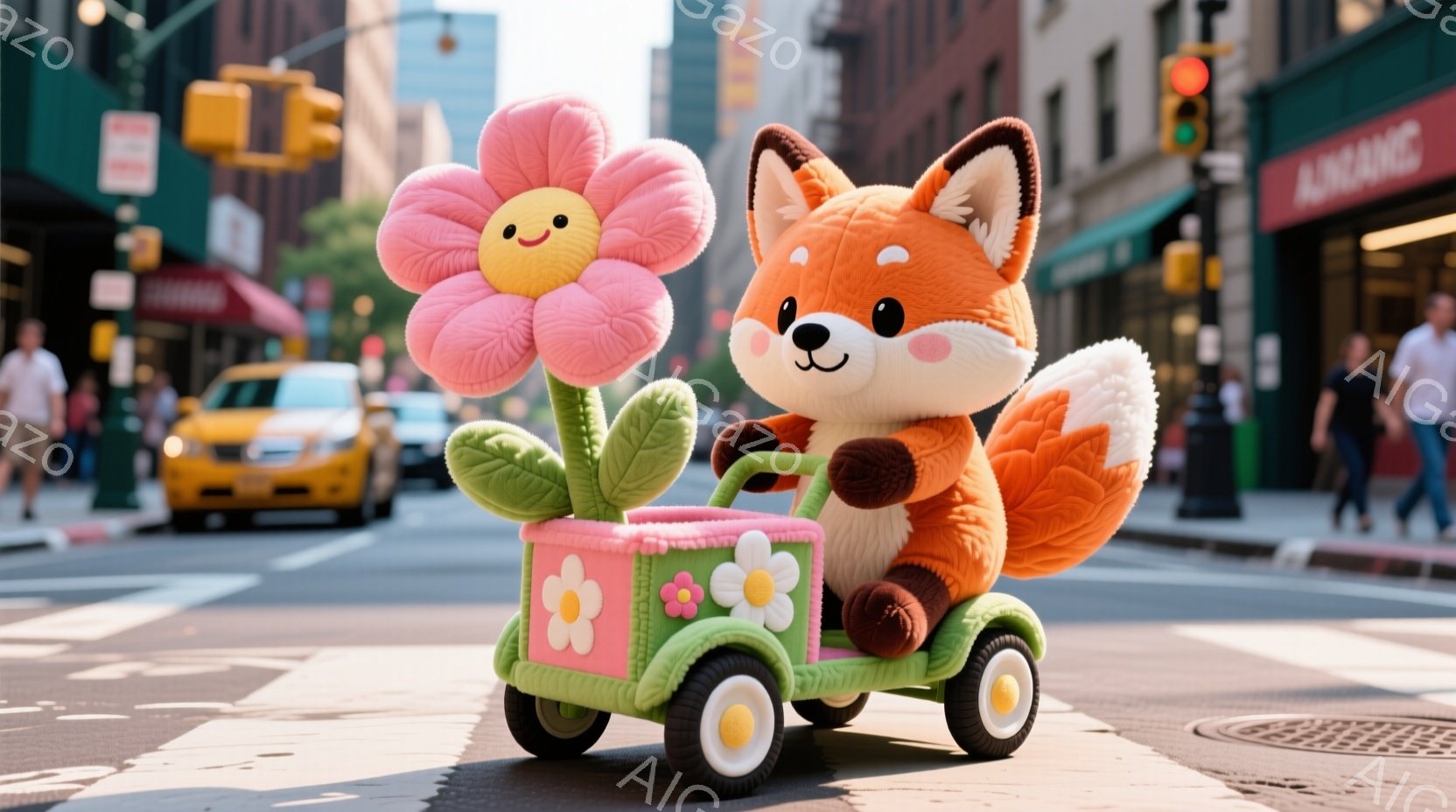 オレンジ色の毛並みを持つキツネのぬいぐるみは、ピンク色の大きな花を載せた緑色の小さな車を運転して横断歩道を渡っています。背景には、高層ビルが立ち並び、タクシーや歩行者が確認でき、晴れた日の賑やかな街の様子が伺えます。全体的に、可愛らしく遊び心のある雰囲気が漂っています。