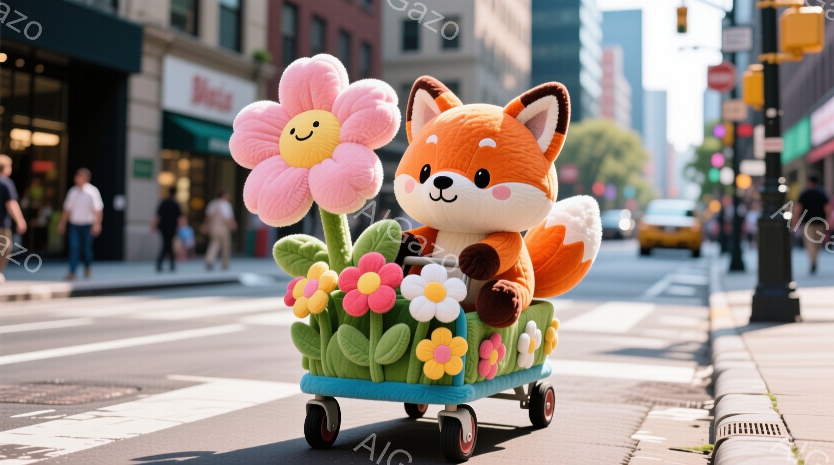 舗装された道路の中央線に沿って、花で飾られた青いワゴンに乗ったふわふわの狐の人形が写っている。背景には高層ビルが立ち並び、日差しが暖かく、晴れた空が広がっている。この人形は遊び心に満ちた雰囲気を醸し出し、都会の風景に可愛らしさを添えている。